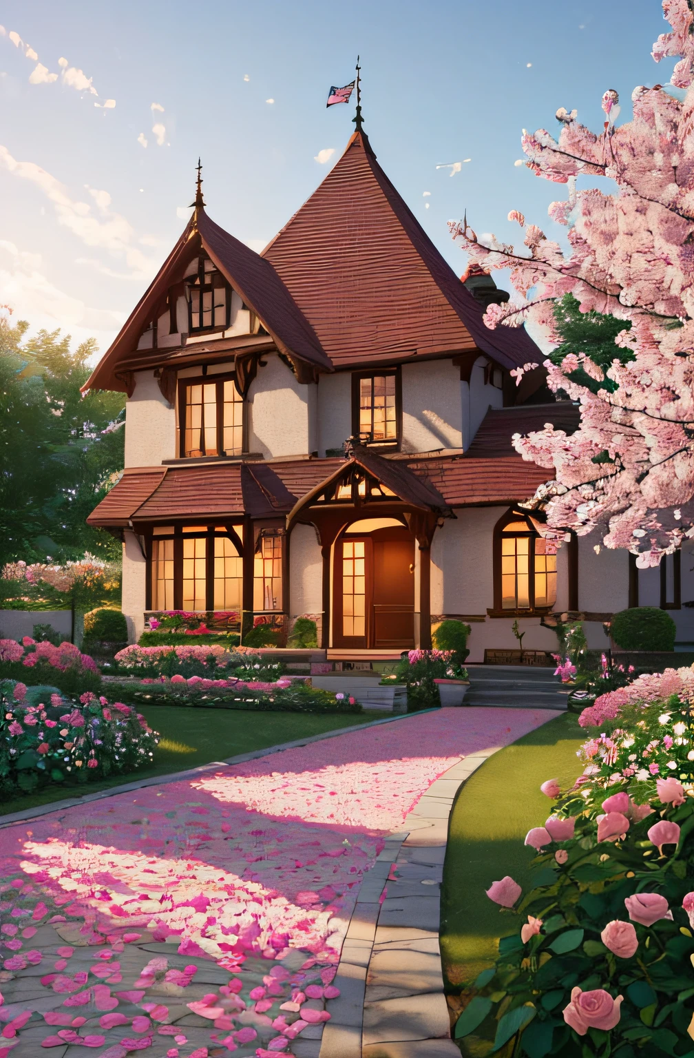 Professional photography, realistic, a clump of pink roses outside the house, beautiful and aesthetic, soft pink, beautiful beauty, roses in movie lights, lush flowers outdoors, nature and floral aesthetics, rose garden, roses, portal made of roses, beautiful images, roses, fantastic aesthetics, in a cottage core garden, pink golden hour, (masterpiece: 1.6, best quality), (fine detailed beautiful eyes: 1.2), (extremely detailed CG unity 8k wallpaper, masterpiece, super detailed, best shadows), (detailed background), high contrast, (best lighting, extremely refined and beautiful), ((color paint splash on transparent background, Dulux,)), ((caustic)), dynamic angles, beautiful details glowing, amazing, high detail, very detailed, beautiful, building shots, surrealism, Unreal Engine 5