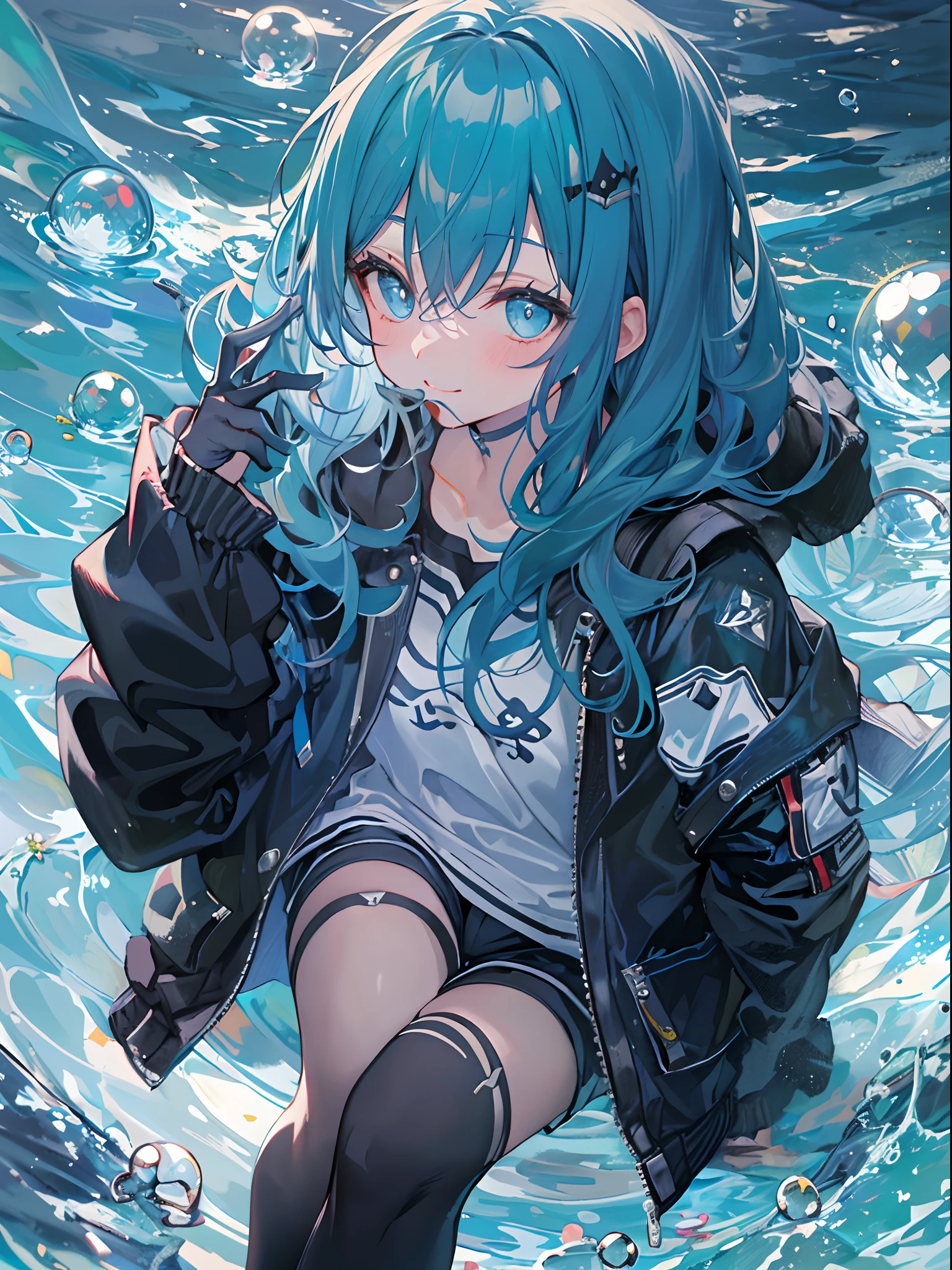 ((top-quality)), ((masterpiece)), ((ultra-detailliert)), (extremely delicate and beautiful), girl with, 独奏, cold attitude,((Black jacket)),She is very(relax)with the(Settled down)Looks,A dark-haired, depth of fields,evil smile,Bubble, under the water, Air bubble,bright light blue eyes,Inner color with light blue hair and love blue tip,Cold background,Bob Hair - Linear Art, shortpants、knee high socks、Camisole inner shirt、White uniform