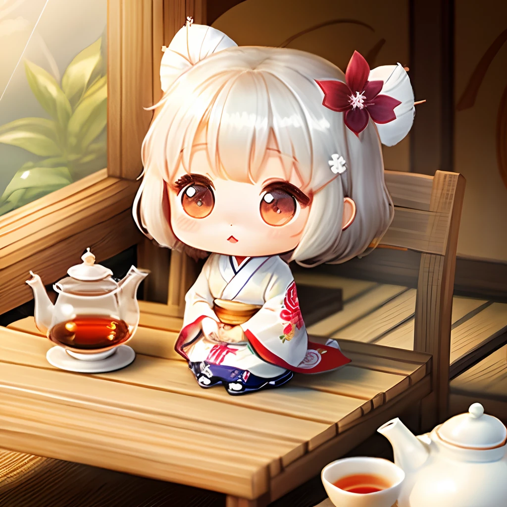 Cute chibi anime, wear white kimono, drink tea, logo