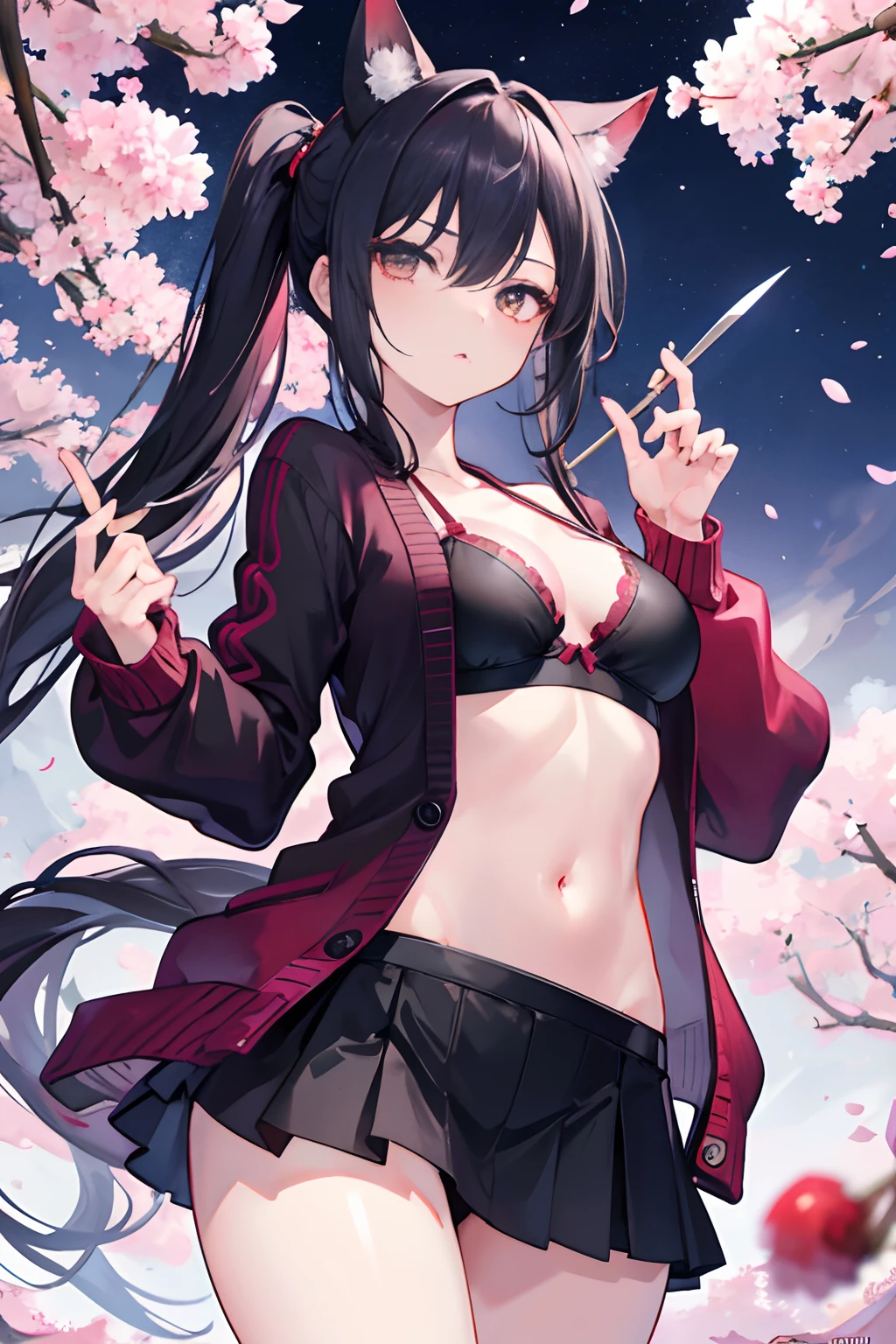 1girl in、nightcity、Great body、Great legs、Comes a cardigan over a bra、A dark-haired、Holding a weapon with blood on it、Looking at the camera、Cherry blossoms are dancing、poneyTail、Niō Standing、Holding a knife、Pointed mouth、Ordinary girl、Stick out the body、a miniskirt、