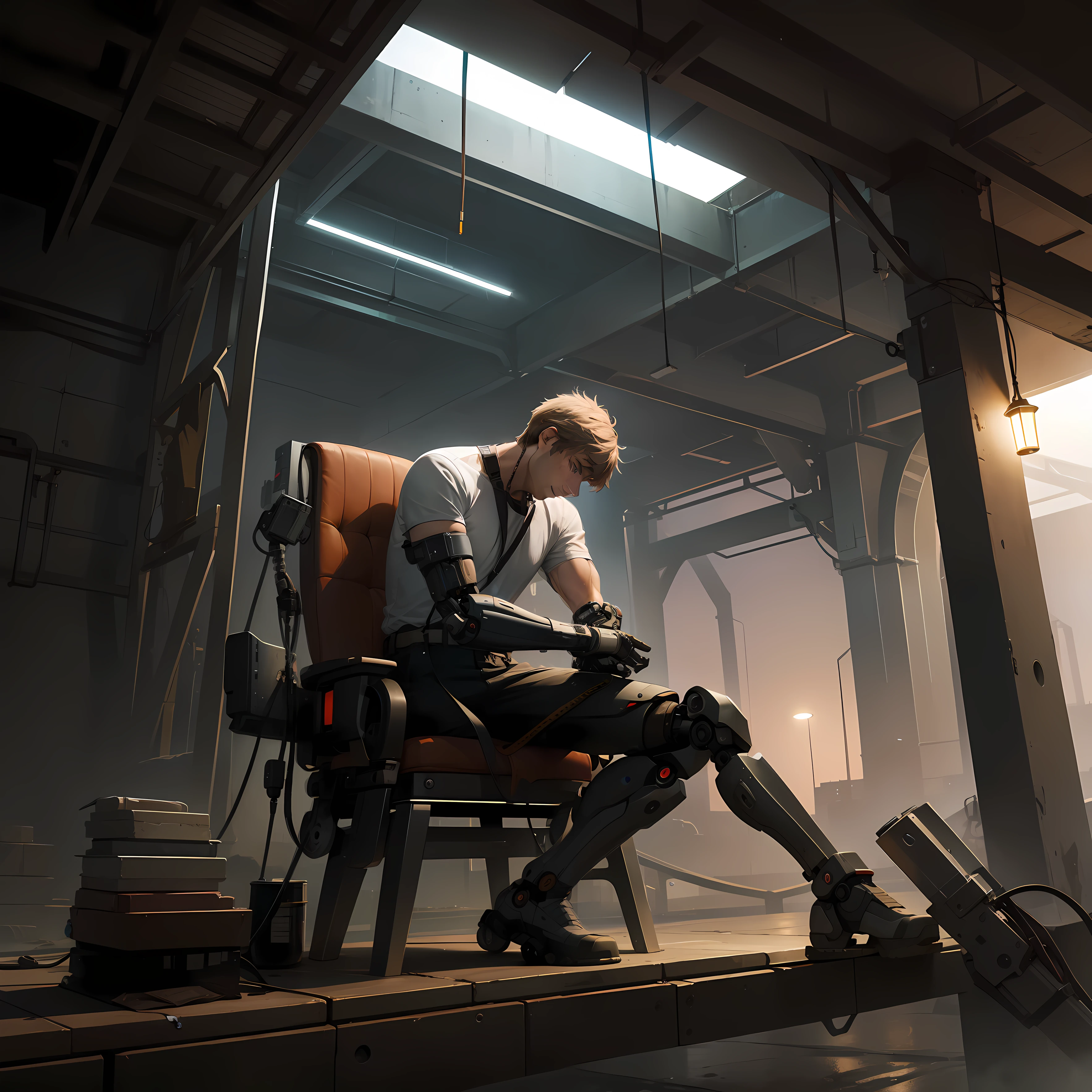 Man sitting in a chair repairing his robotic arm in a workshop under the bridge on a rainy night