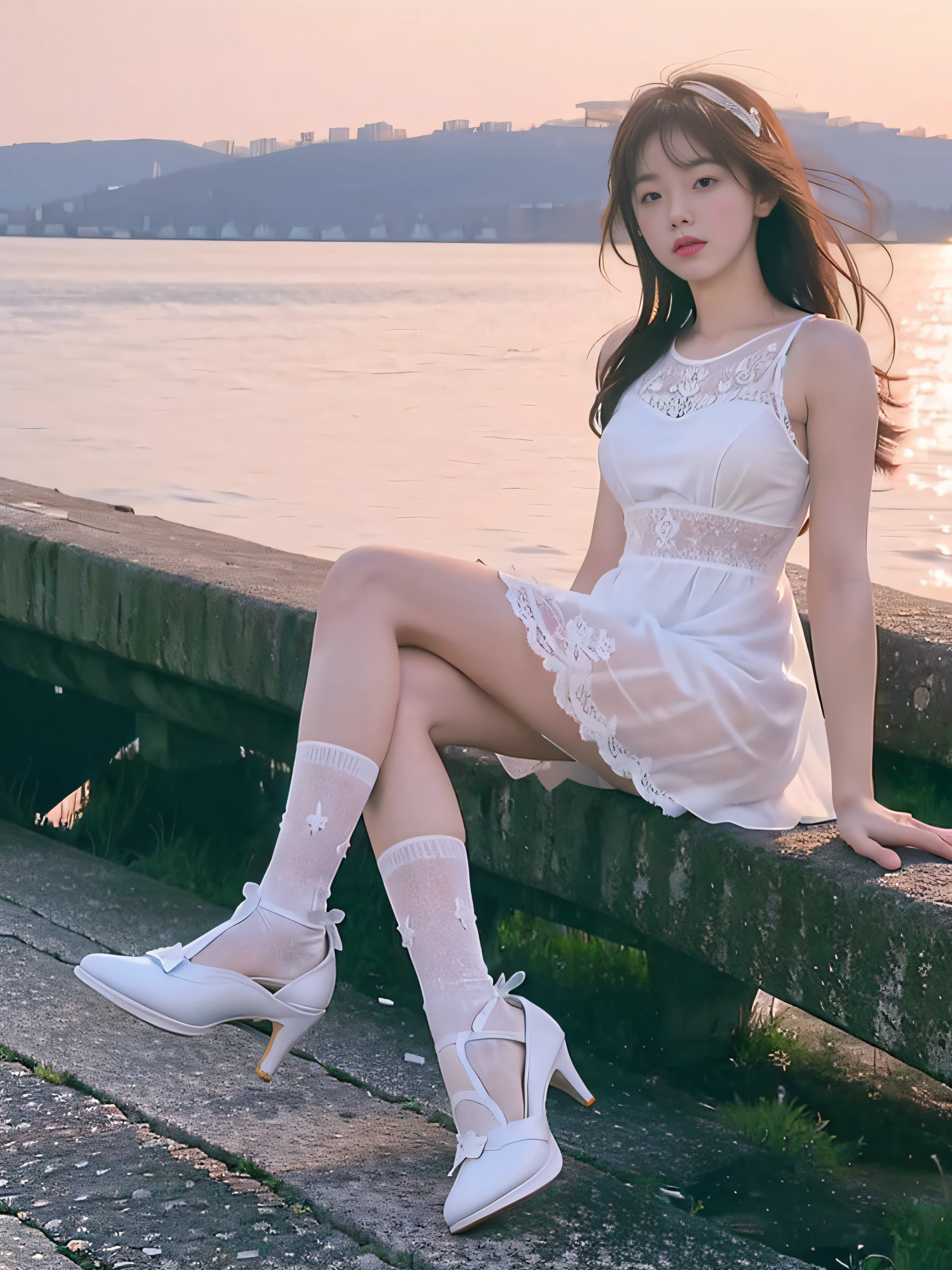 (full body:1.5),(1girl:1.3),(view the viewer:1.4),(anatomy correct:1.3),(Sitting on the sea:1.2),(A pure White lace dress :1.2),( girl pointed thick heels and White lace calf socks :1.1),(Accurate and perfect face:1.3),hyper HD, Ray traching, reflective light,structurally correct, Award-Awarded, high detail, lighten shade contrast, Face lighting ,cinmatic lighting, masterpiece, super detailing, high quality, high detail, best quality, 16k,High contrast,