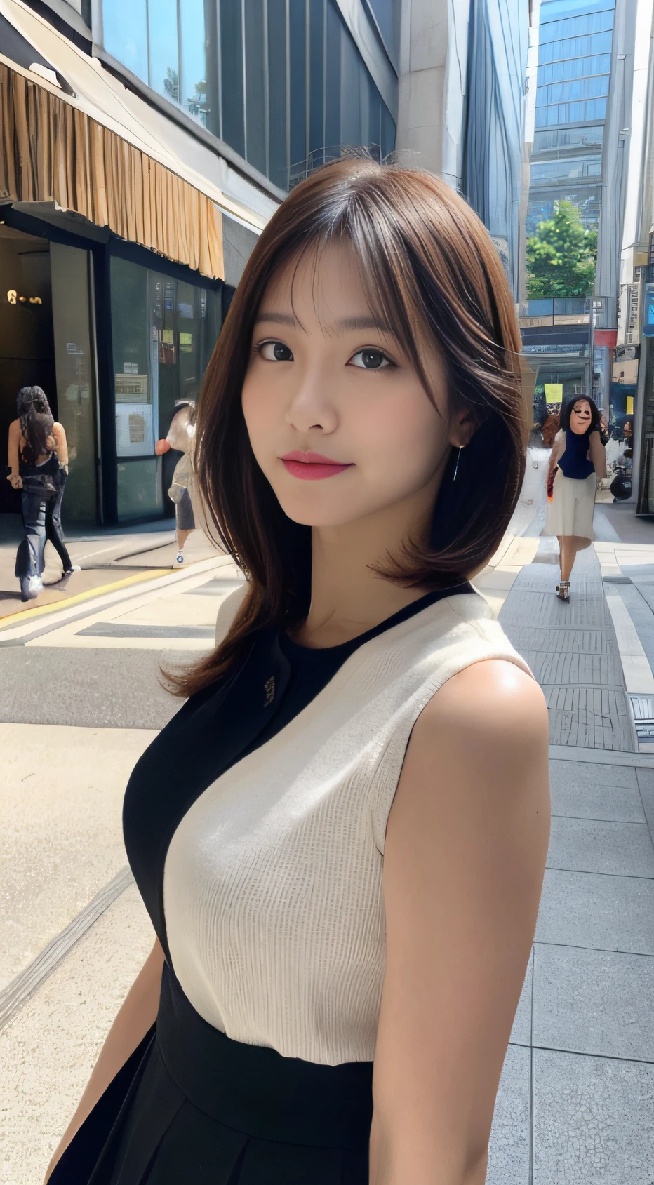 ((top-quality、8K、​masterpiece：1.3))、foco nítido：1.2、Beautiful Women in Perfect Style：1.4、Slender Abs：1.2、((dark brown hair、a short bob、small tits：1.2))、(natural soft light、City Street:1.1)、(Front view View viewer:1.5)、Highly detailed facial and skin texture、A detailed eye、二重まぶた、Women's Ana Style Makeup、((Sleeveless 1.5、long  skirt))、tits out