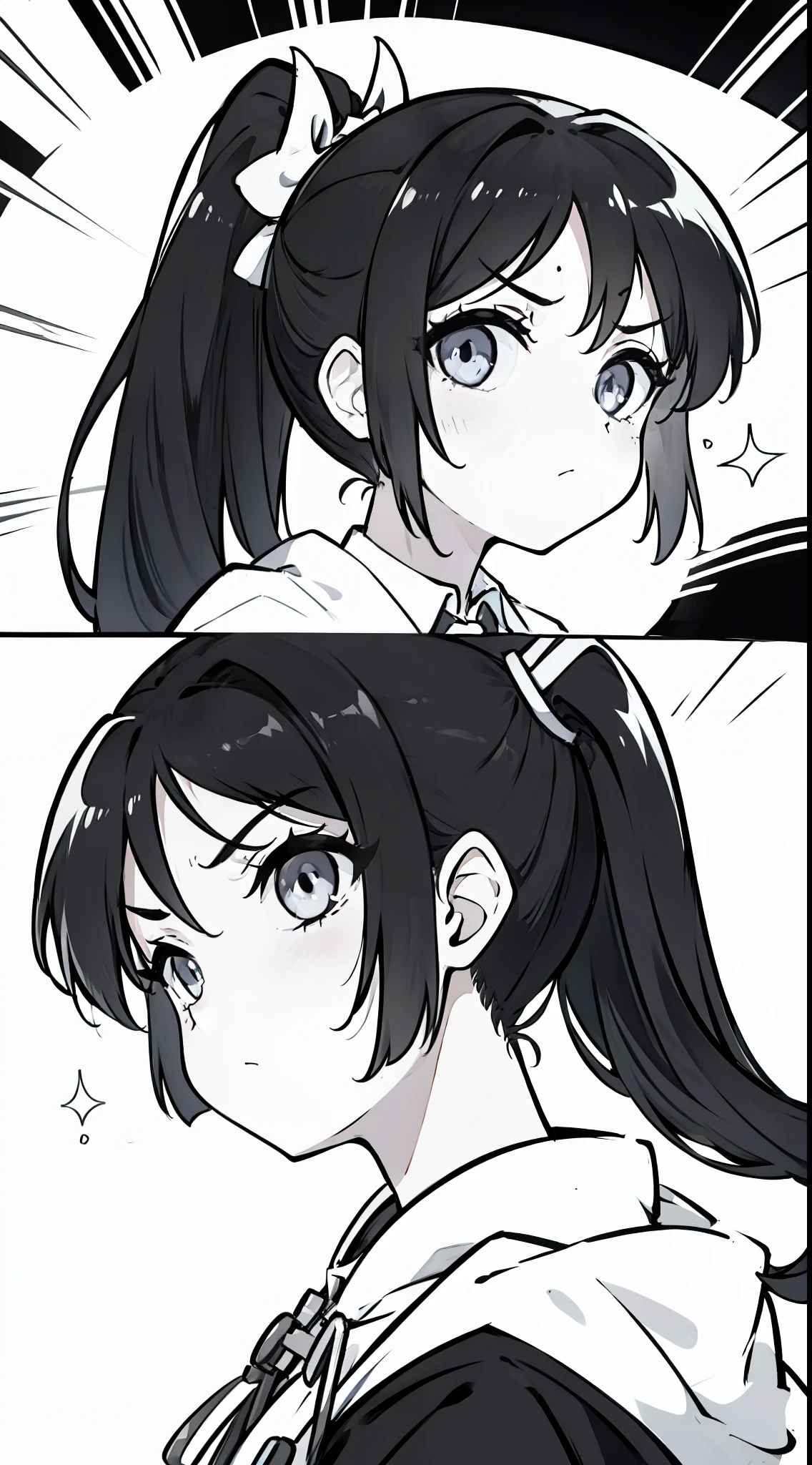 Black and white line drawing style，High ponytail on the left，Frontal angle，irate