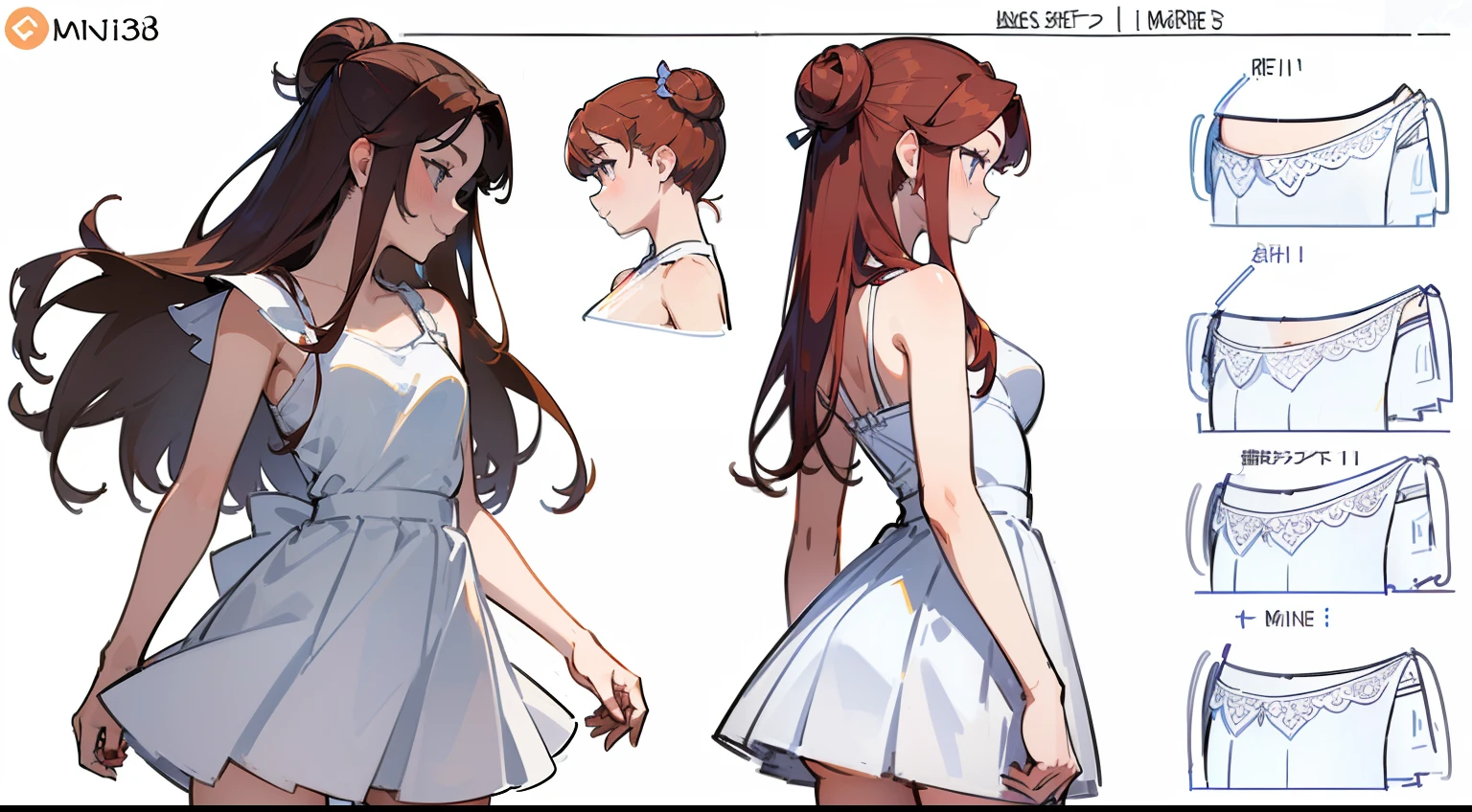 ((Best Quality)), ((Masterpiece)), ((Realistic)) 19 year old, redhead girl, shoulder length hair, aroused excited face ((( ice skater dress))) (((mini skirt))) ((( up-skirt ))) ((slender)) (busty) ((sexy dress)) (((white thong))) bun hairstyle, (((detailed character sheet, frontal view, side view, three quarter view))) (((white background))) 6 and a half heads full body