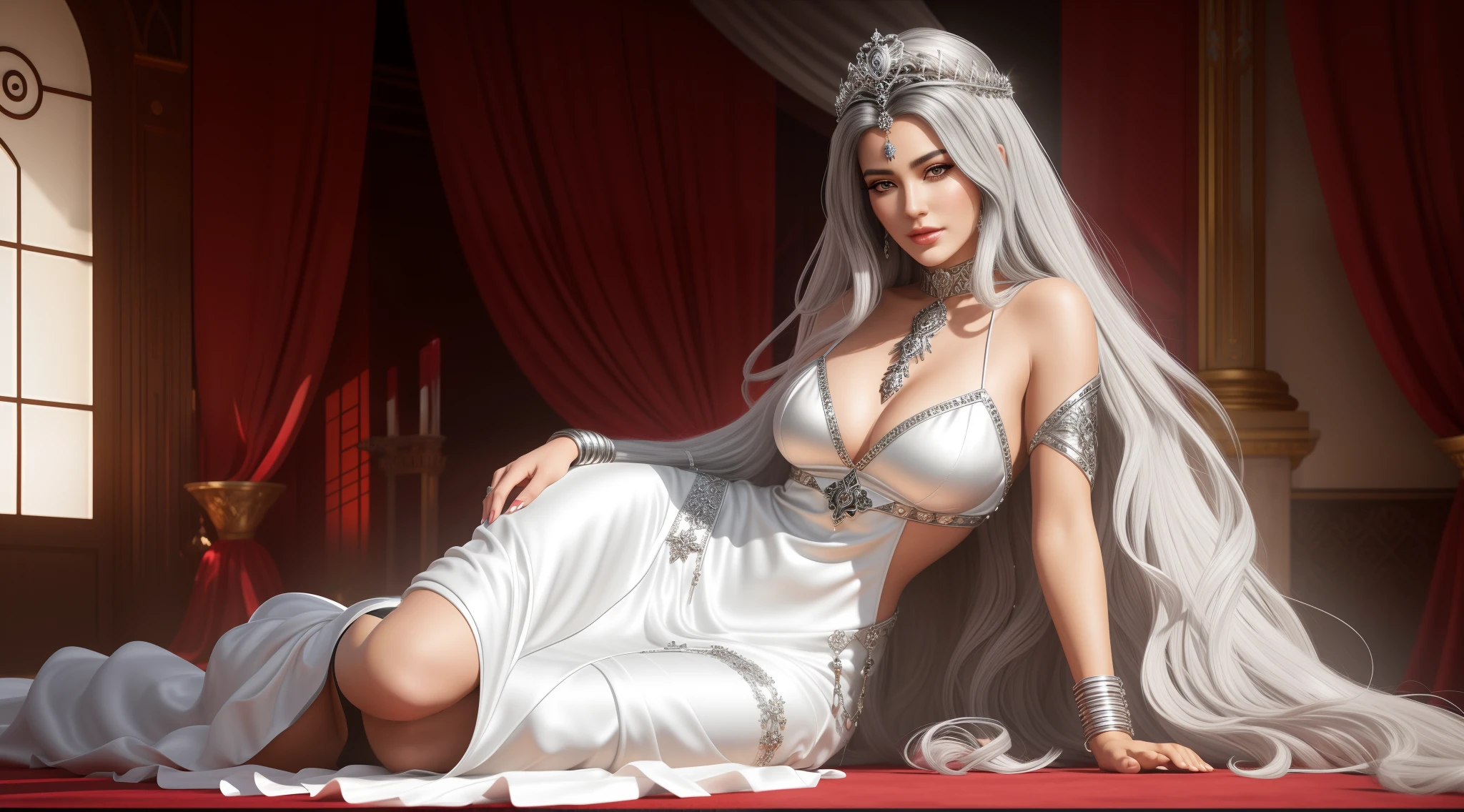 there is a exoticly gorgeous Caucasian and Greek woman in a white dress sitting on a red carpet, silver and black haired deity, a beautiful fantasy empress, fanart best artstation, detailed silver and black long hair, 8k high quality detailed art, ((a beautiful fantasy empress)), fantasy art style, beautiful and elegant greek queen, perfect face and body, flowing silver and black hair