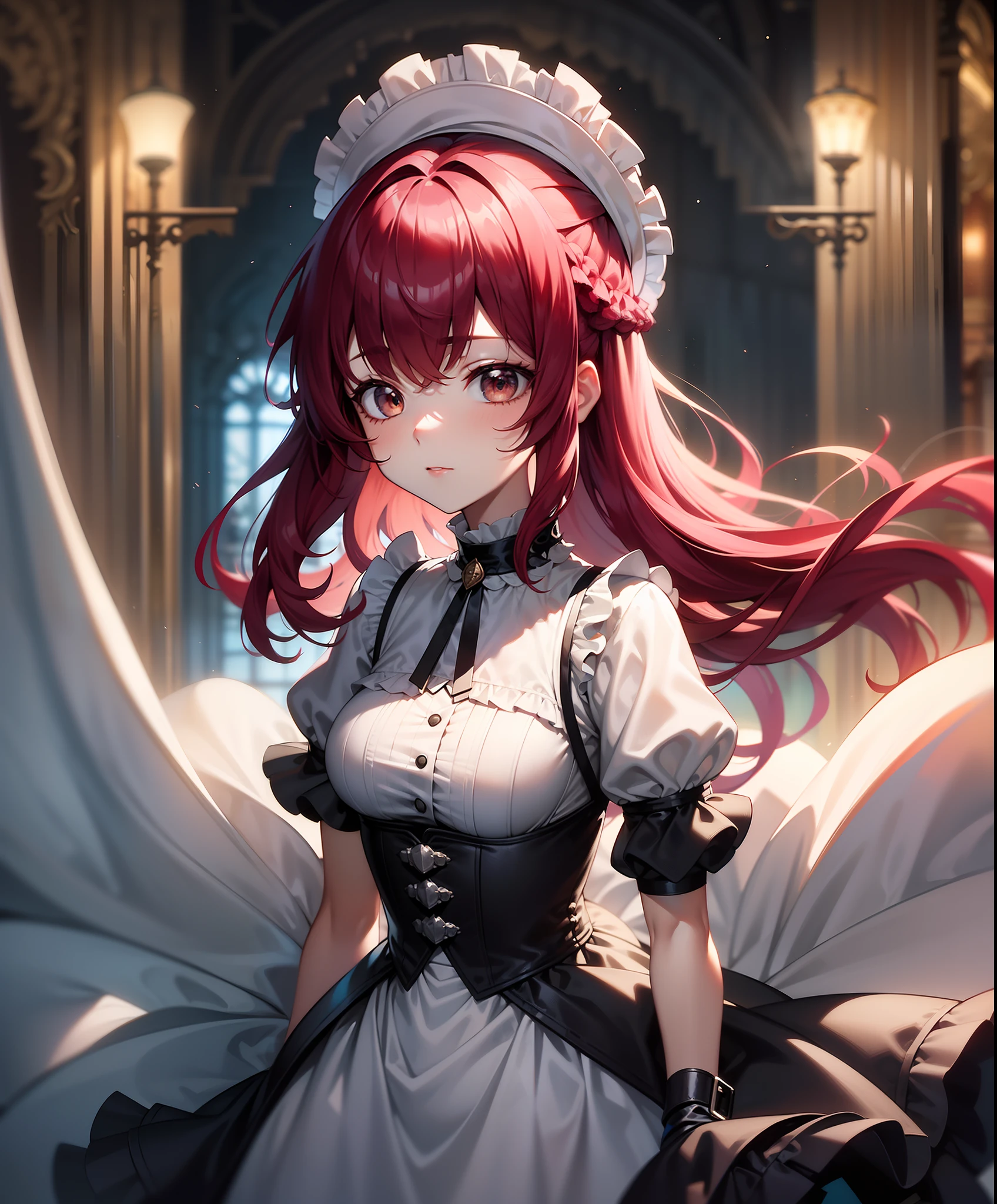 "(Masterpiece, Best quality), Soft and fresh style, Brilliant colors, Cool red hairstyle, Soft lighting and shadows, A heartwarming expression,Soft face, Delicate gothic frilled dress, 1 girl with great charm and personality。"