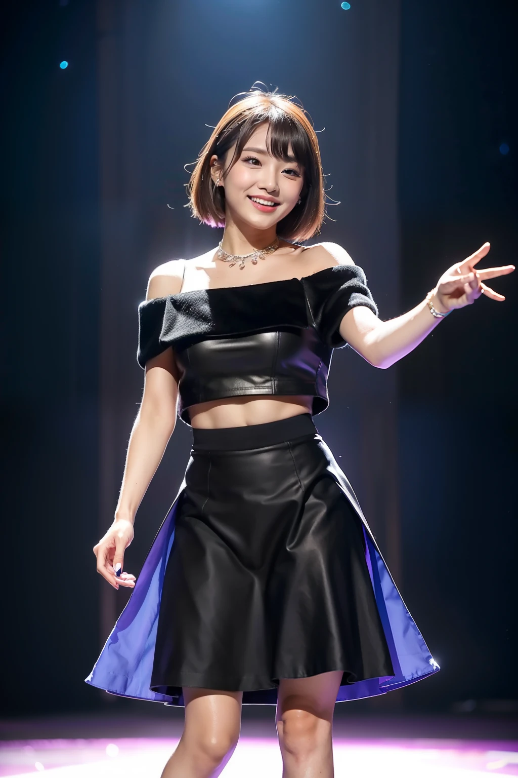 （8K分辨率，Vista full body photo，Photos above the legs），（1 female，28 year old，（Facial features of Hong Jin-young in South Korea：1.8，Wide skeletal cheeks，s delicate face），Lovely face，com rosto detalhado，详细的脸，（Delicate Japanese makeup），Black colored eyes，（Look into the distance），Short crimson hair with a slight curl（Messy has layers），Redlip，Fair smooth skin，（Best Skin Type：1.21），A plump chest，（Off-the-shoulder T-shirt，（black in color），（materpiece：terylene，real silk），Short irregular skirt（brown pubic fur）），Slightly chubby body，stage action，perfect hand，Ultra-fine clothing material），（Mature idol，Idol commercial performance，Exquisite details of the stage environment），（exhilarated，confident smile，Rejoice），（profesional lighting，动态照明），（（Color conflicts，adolable，Raised sexy，vivaciousness（black in color，brown pubic fur，purpleish color））），（Golden section，Cinema lenses，Dynamic shots，Hasselblad photograp，tmasterpiece：1.3），（Concert，Youth idol，trendsetting，Artis，Art platform）