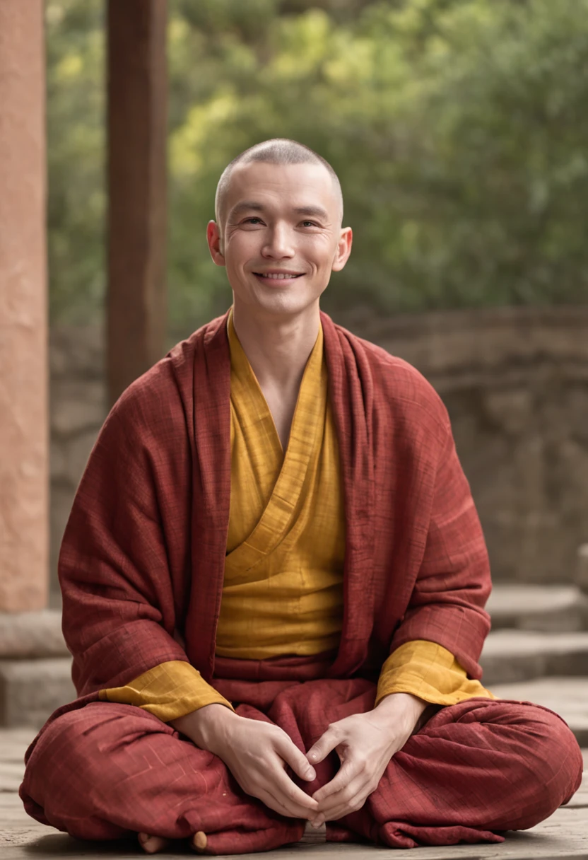 masterpiece, photograph of  Chris Evans sitting in meditating pose with eyes open, 1Male, monk's clothes, medium to top body picture,  yellow and red checker pattern full body closed robes, (high detail:1 1), smiling face, both hand in front of the chest closing together, namaste hand pose, natural skin, high quality, beautiful eyes, (detailed face and eyes), (face: 1 2), real photo, PSD, lamp film photography, sharp focus, contrast lighting, detailed skin, high resolution 8k, crazy detail, realistic, professional photography, 8k UHD, SLR camera, soft lighting, high quality, film grain, Fujifilm XT3
