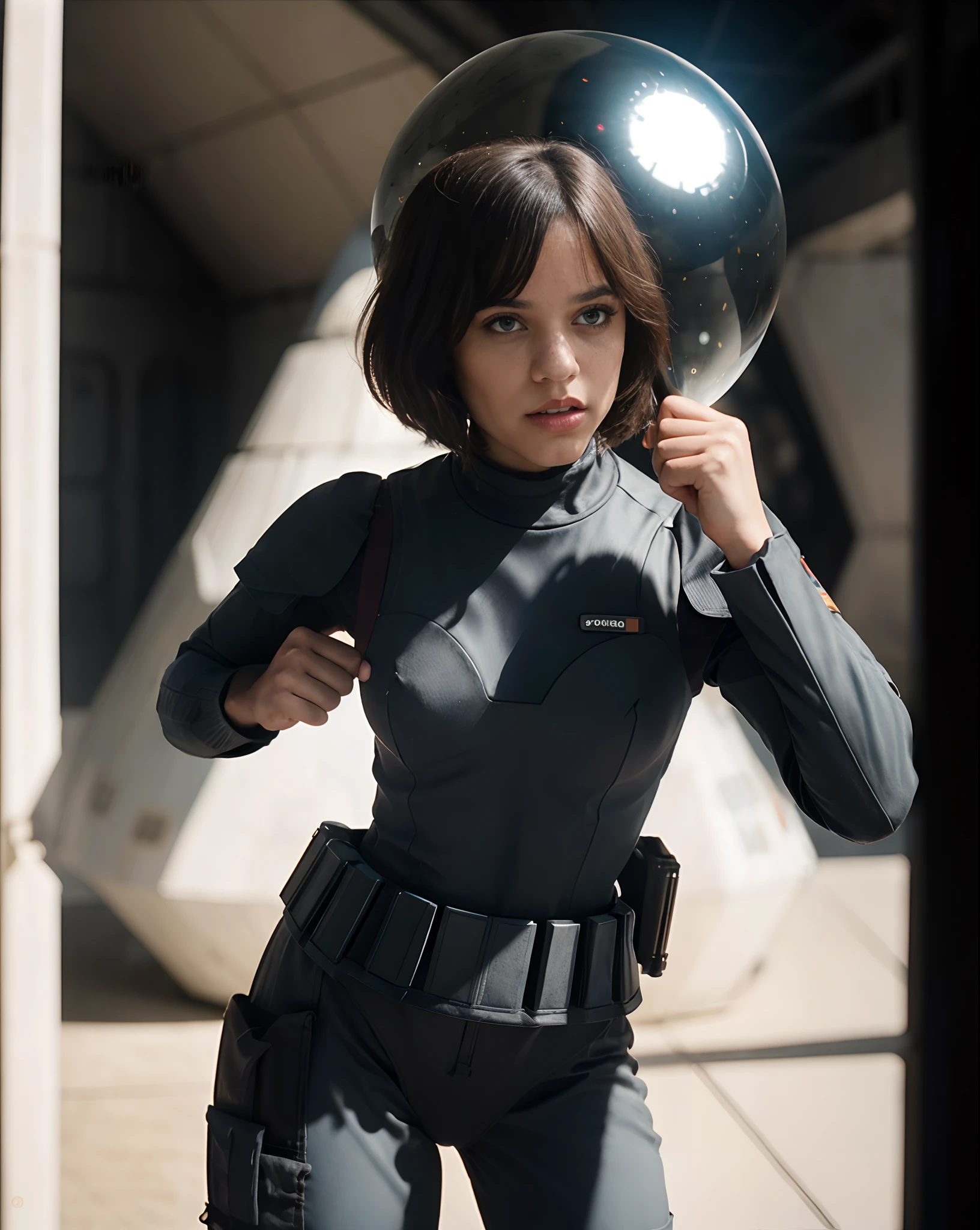 Photo of jortega in a stormtrooper uniform punching an Ewok, solo, blue eyes, reverse bob haircut, hyper detailed, looking at viewer, hourglass body, muscular, warm atmosphere, photograph, photoshoot, Captured by Panavision Panaflex Platinum Camera with Panavision Primo Primes Spherical Lens 50mm T1.9