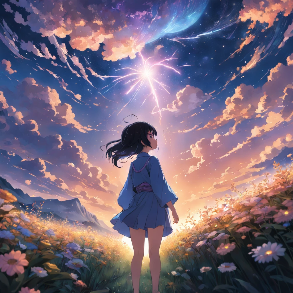 Makoto Shinkai, Expansive landscape photograph , (View from below,Displays the sky above and the clearing below), a girl standing on flower field looking up, (full moon:1.2), ( meteors:0.9), (Starcloud:1.3), Far Mountain, Tree BREAK Production Art, (Warm light source:1.2), (Firefly:1.2), lamp lights, Lots of purple and blue, Intricate details, Volumetric lighting BREAK (Masterpiece:1.2), (Best quality), 4K, Ultra-detailed, (Dynamic composition:1.4), Highly detailed, Colorful details,( Iridescent colors:1.2), (luminouslighting, Atmospheric lighting), Dreamy, magical, (Solo:1.2)