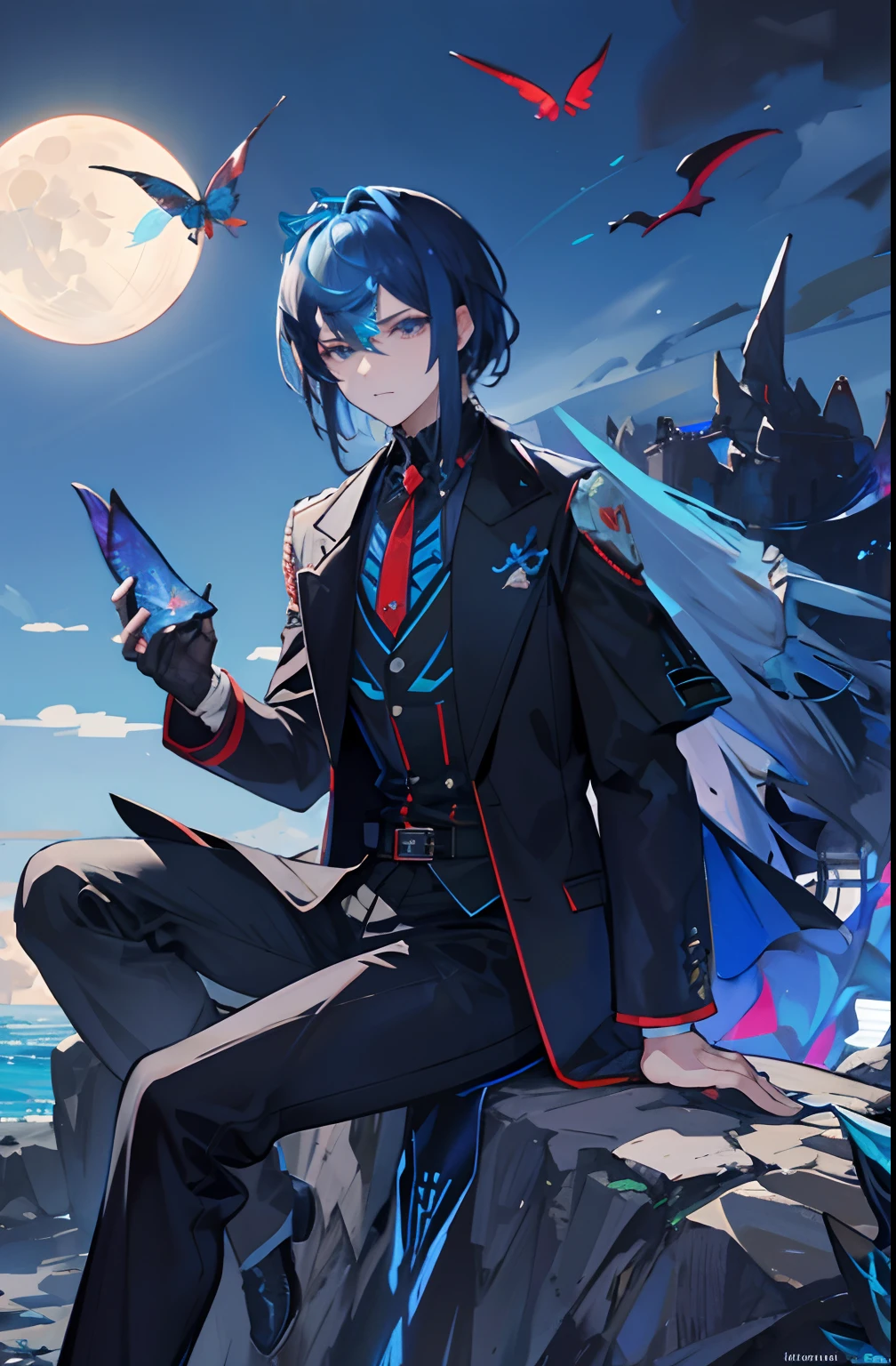 There are blue bangs in the middle of the hair,There are huge blue scales