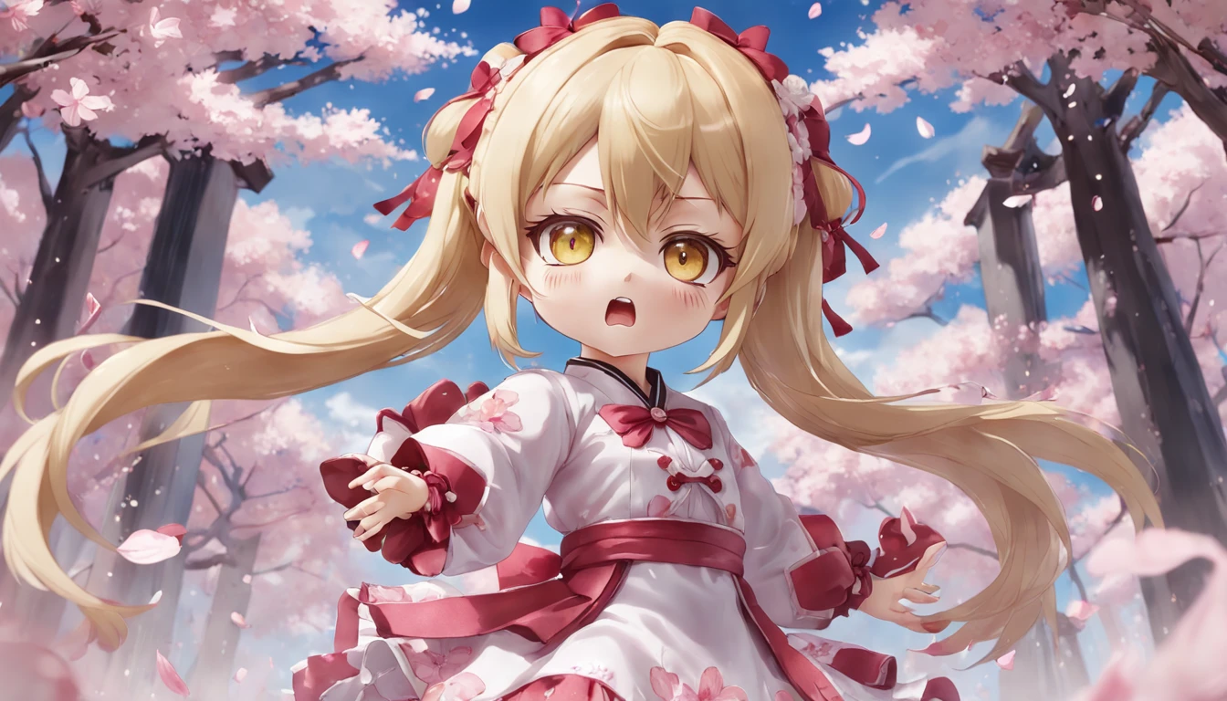 Doll standing in front of the painting, blonde, angry face, Sengai, pixiv, rococo, dolfie dream, watercolor Nendoroid, (high definition figure), flowing cherry colored silk, nendroid, highly_detailed!!, cherry blossom petals, flowing cherry blossom silk, season!!: 🌸 ☀ 🍂 ❄