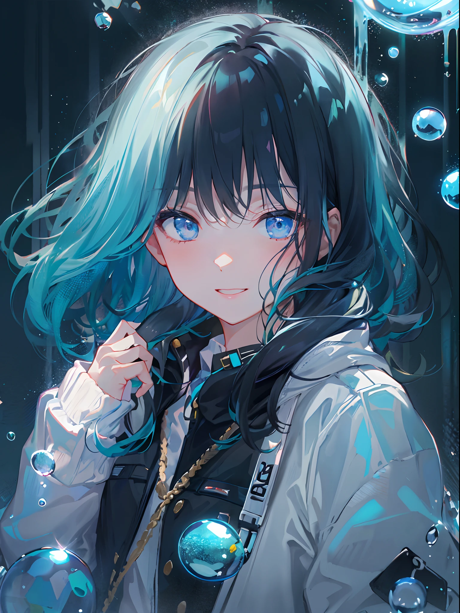 ((top-quality)), ((​masterpiece)), ((ultra-detailliert)), (extremely delicate and beautiful), girl with, 独奏, cold attitude,((Black jacket)),She is very(relax)with  the(Settled down)Looks,A dark-haired, depth of fields,evil smile,Bubble, under the water, Air bubble,bright light blue eyes,Inner color with black hair and light blue tips,Cold background,Bob Hair - Linear Art, shortpants、knee high socks、White uniform like school uniform、Light blue ribbon ties、Clothes are sheer、Hands in pockets