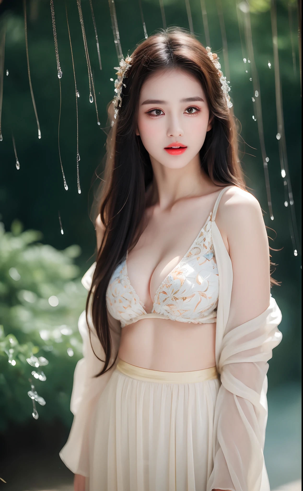 ((Best Quality, 8k, Masterpiece: 1.3)), Focus: 1.2, Perfect Body Beauty: 1.4, Buttocks: 1.2, ((Layered Haircut)), (Wet Clothes: 1.1), (Rain, Street:1.3), (Breasts: 1.2), (Hanfu: 1.2), Bare Shoulders, Bare Legs, Highly Detailed Face and Skin Texture, Fine Eyes, Double Eyelids, Whitened Skin, Long Hair, (Shut Up: 1.5), (Bokeh Background: 1.5), Big Breasts