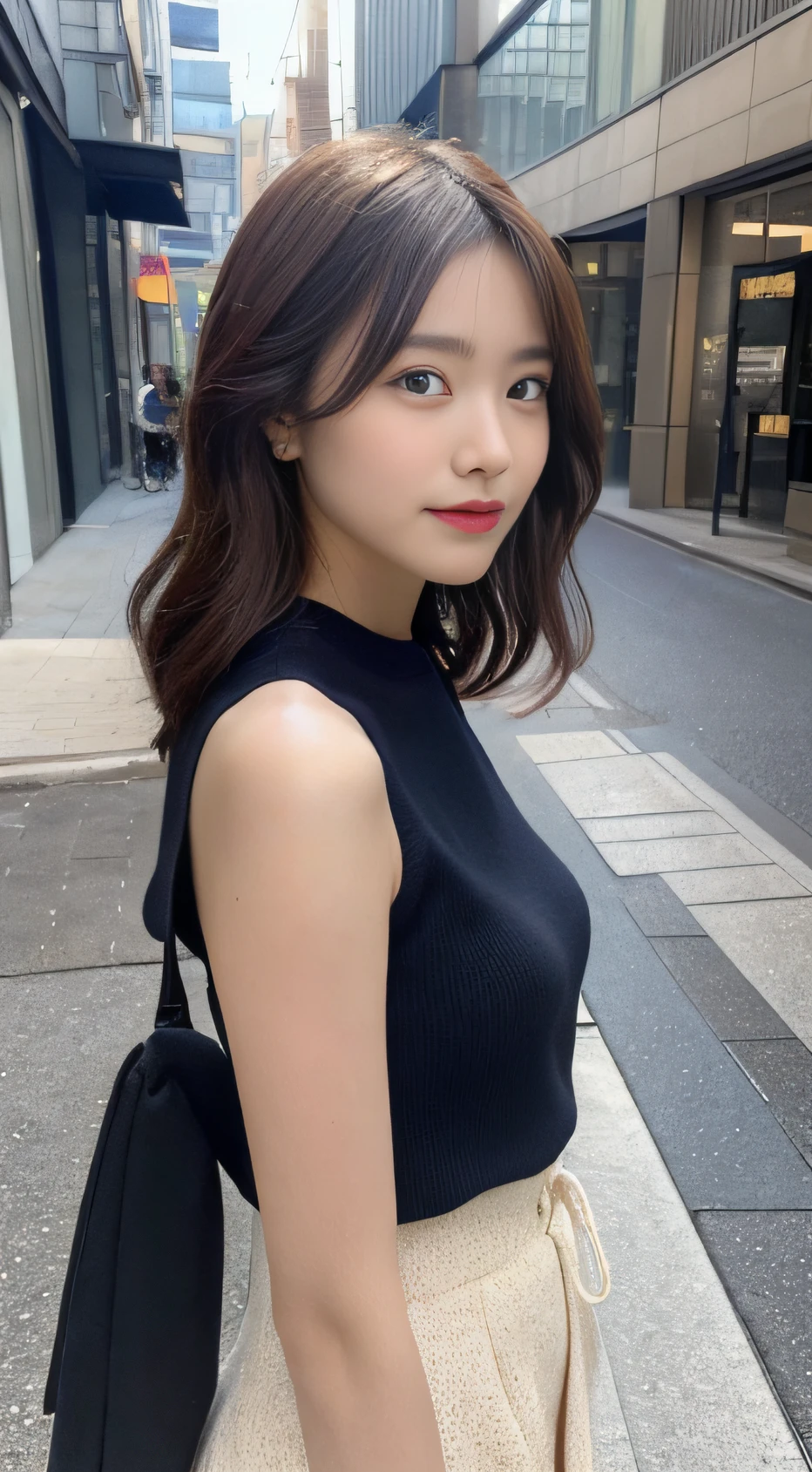 ((top-quality、8K、​masterpiece：1.3))、foco nítido：1.2、Beautiful Women in Perfect Style：1.4、Slender Abs：1.2、((dark brown hair、a short bob、small tits：1.2))、(natural soft light、City Street:1.1)、(Front view View viewer:1.5)、Highly detailed facial and skin texture、A detailed eye、二重まぶた、Women's Ana Style Makeup、((Sleeveless 1.5、long  skirt))、tits out