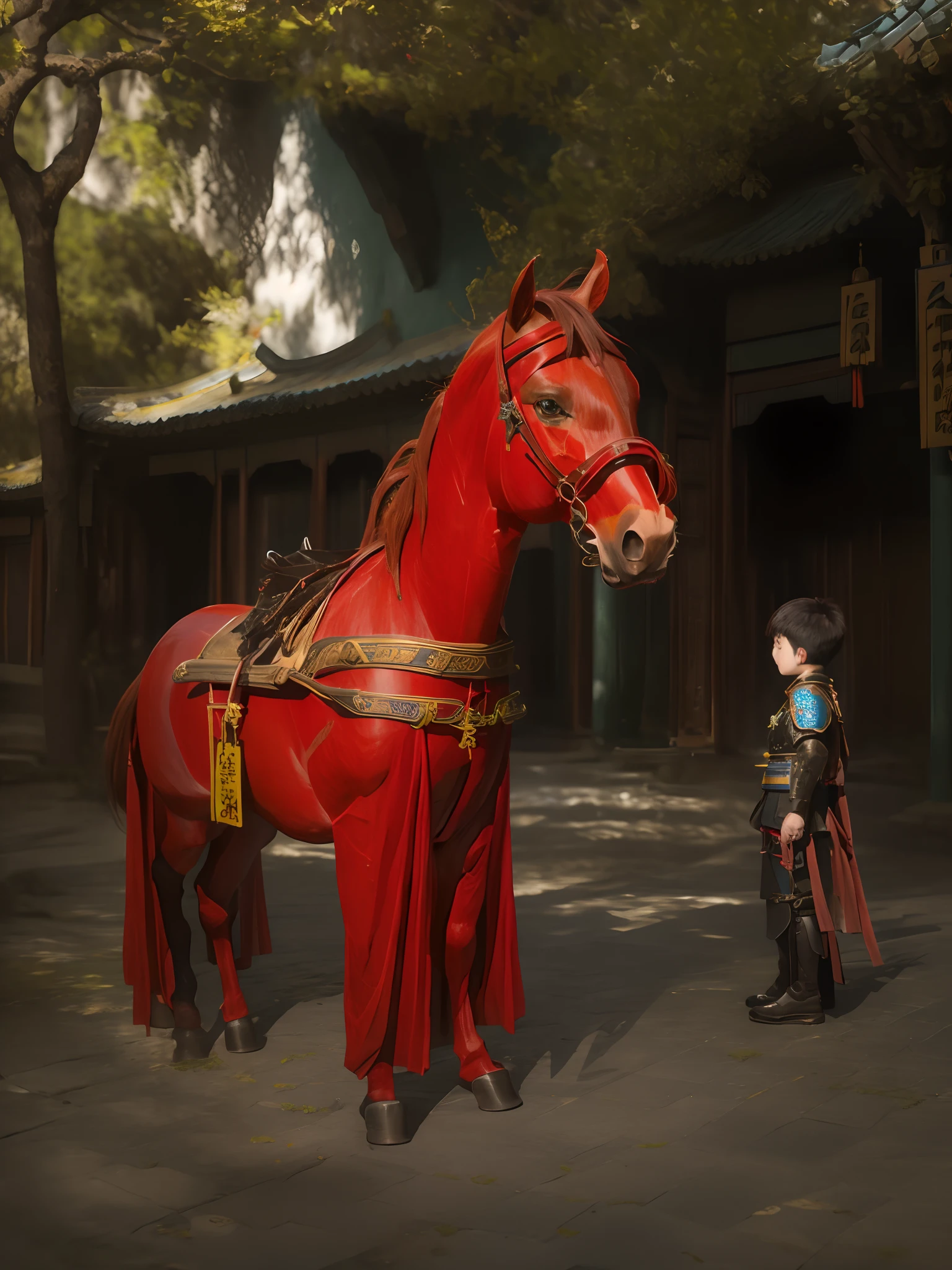 ((Brown horse)),Chinese boy samurai in red armor，Realiy，8K,