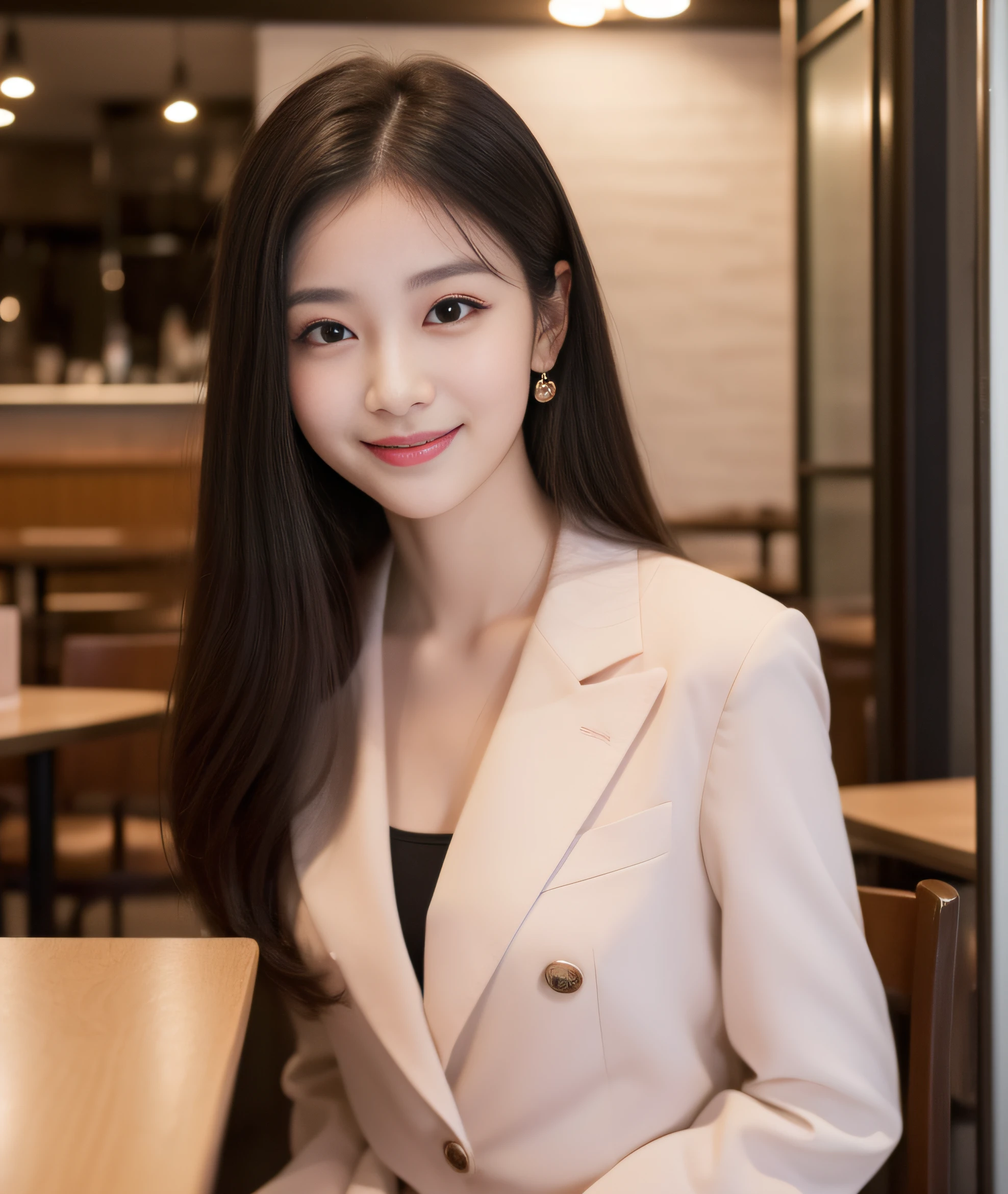 ((best quality, 8K, masterpiece: 1.3)), beautiful girl, pure, melon face, kind and cute, sweet smile, pure desire, slender body, (front), (tilted head), ((looking at camera) ), wearing a pink suit, black silky medium hair, long flowing shoulders, round black big eyes, clear big eyes, moist red lips, sweet, sitting in a cafe, cafe background , (((whole body))),