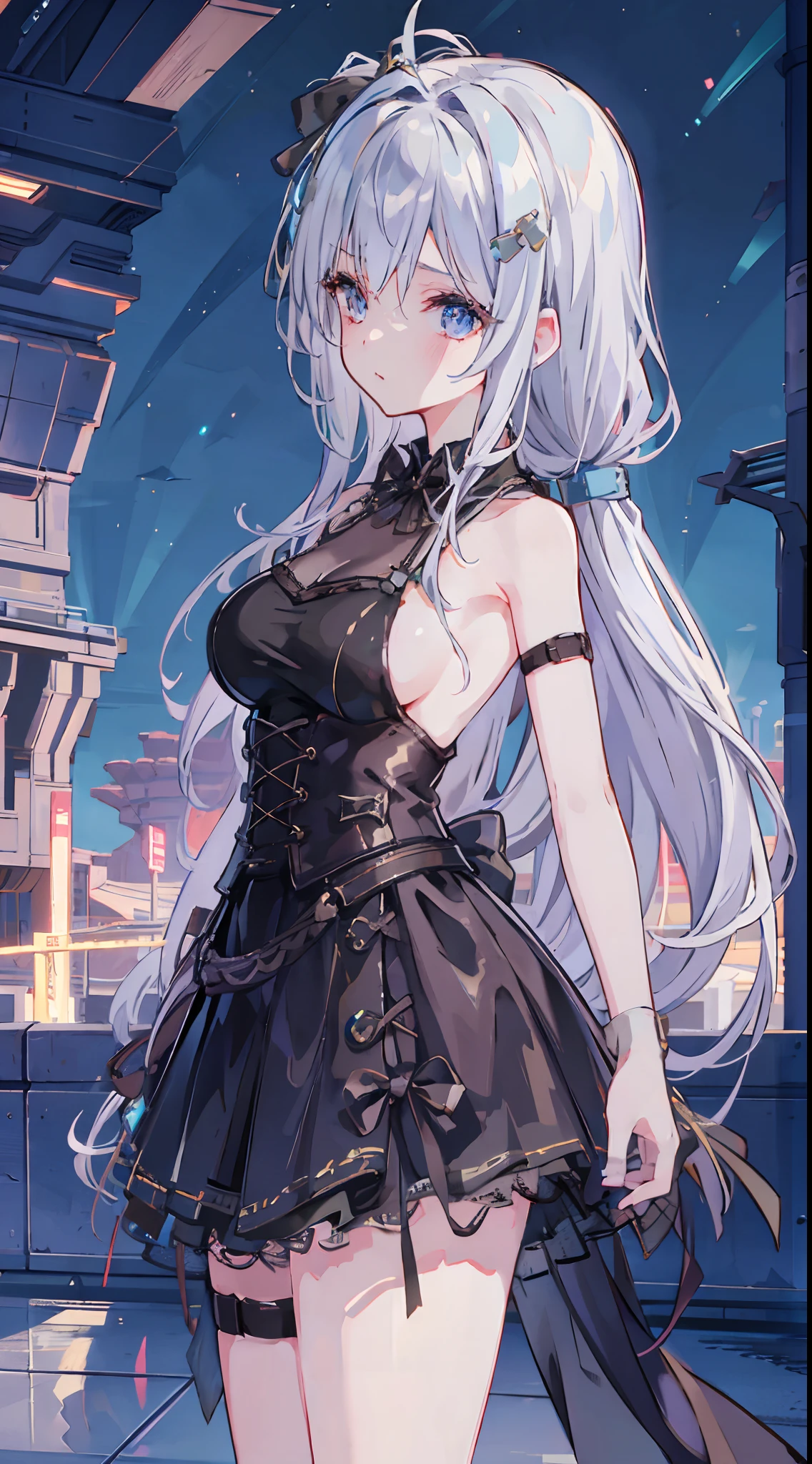 1girl, meryl, low ponytail, absurdres, 8k, high detail, starry sky background, long white hair, best quality, large breasts, facing viewer, looking forward