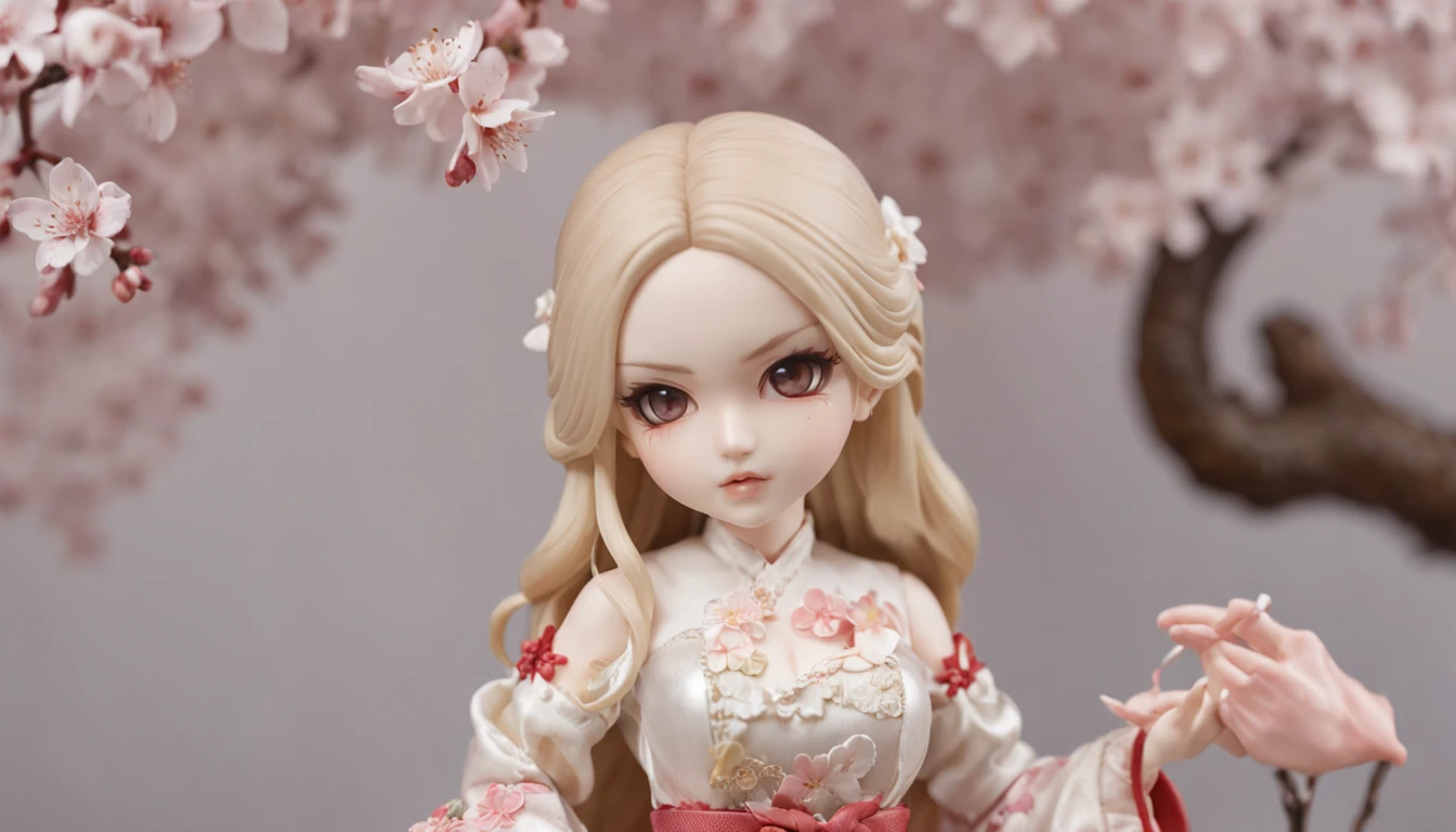 Doll standing in front of the painting, blonde, angry face, Sengai, pixiv, rococo, dolfie dream, watercolor Nendoroid, (high definition figure), flowing cherry colored silk, nendroid, highly_detailed!!, cherry blossom petals, flowing cherry blossom silk, season!!: 🌸 ☀ 🍂 ❄