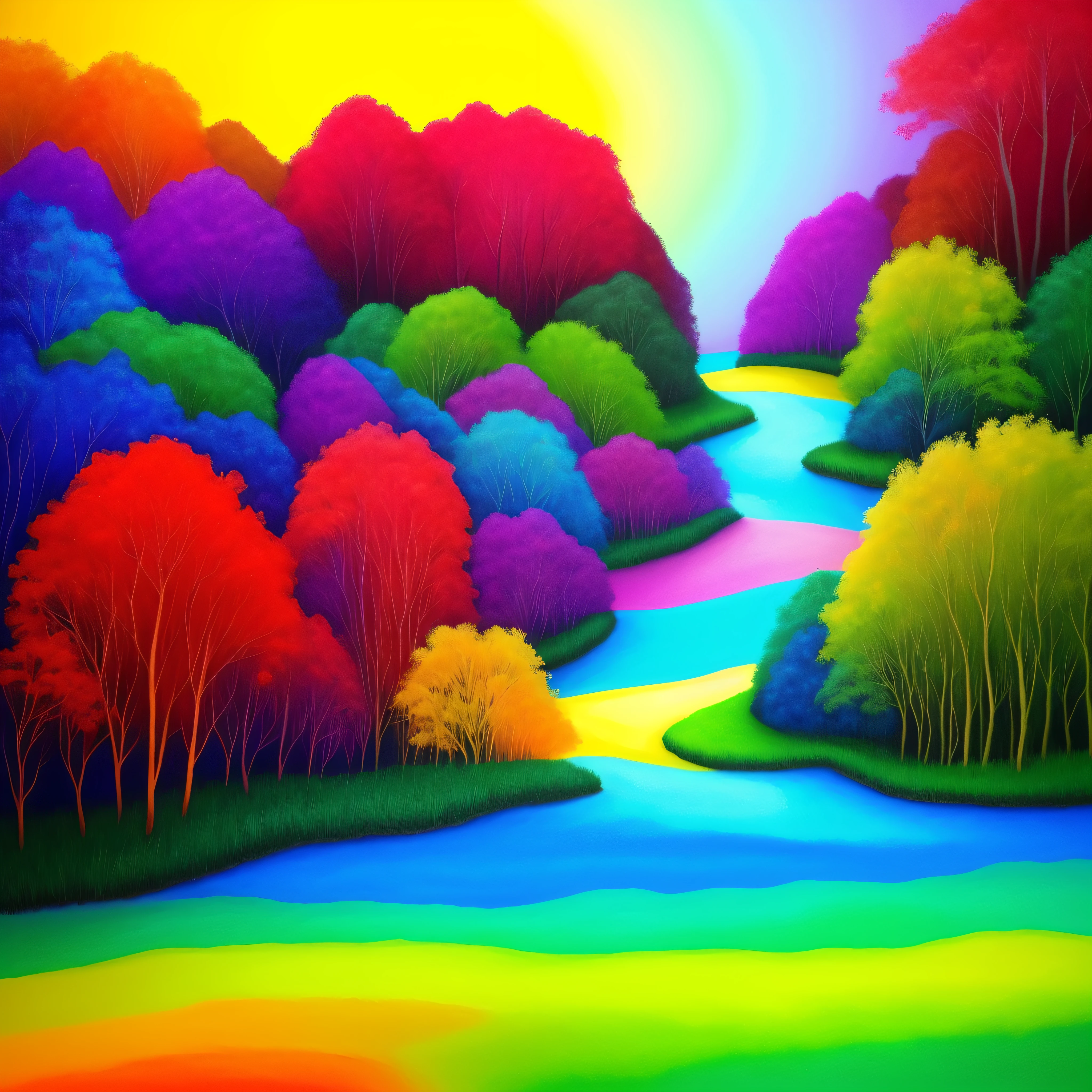 a painting of a colorful forest with a river and trees, arte conceitual colorida, intricate rainbow environment, cores do bipe, whimsical fantasy landscape art, Floresta dos Doces, psychedelic forest, Arte digital altamente detalhada em 4k, cores surreais, inspirado em Cyril Rolando, magical colours and atmosphere, colorido 8 k, arte de fantasia digital colorida, colorful flat surreal ethereal