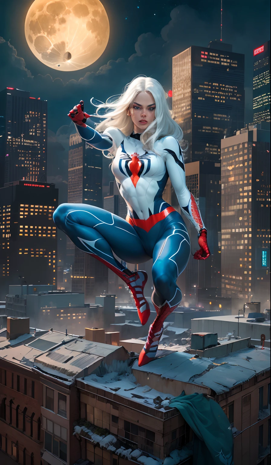(Masterpiece, 4k resolution, ultra-realistic, very detailed), (White superhero theme, charismatic, there's a girl on top of town, wearing Spider-Man costume, she's a superhero), [ ((25 years), (long white hair:1.2), full body, (blue eyes:1.2), ((Spider-Man pose),show of strength, jumping from one building to another), ((sandy urban environment):0.8)| (cityscape, at night, dynamic lights), (full moon))] # Explanation: The Prompt mainly describes a 4K painting of ultra-high definition, very realistic, very detailed. It shows a superheroine at the top of the city, wearing a Spider-Man costume. The theme in the painting is a white superhero theme, the female protagonist has long white hair, is 25 years old and her entire body is shown in the painting. In terms of portraying the actions of superheroines, spiders are employed