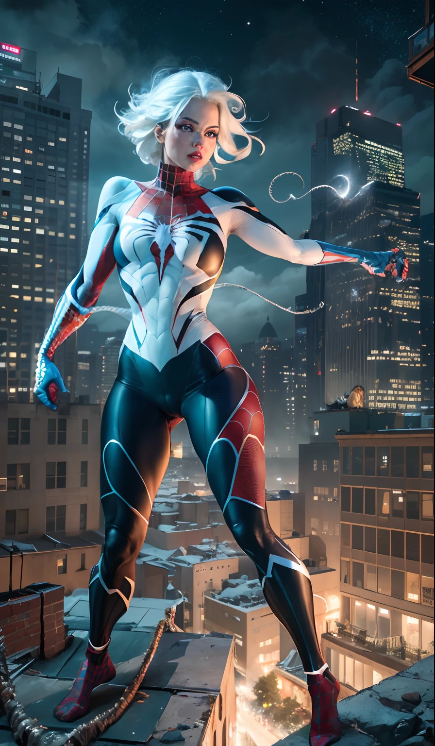 (Masterpiece, 4k resolution, ultra-realistic, very detailed), (White superhero theme, charismatic, there's a girl on top of town, wearing Spider-Man costume, she's a superhero), [ ((25 years), (long white hair:1.2), full body, (blue eyes:1.2), ((Spider-Man pose),show of strength, jumping from one building to another), ((sandy urban environment):0.8)| (cityscape, at night, dynamic lights), (full moon))] # Explanation: The Prompt mainly describes a 4K painting of ultra-high definition, very realistic, very detailed. It shows a superheroine at the top of the city, wearing a Spider-Man costume. The theme in the painting is a white superhero theme, the female protagonist has long white hair, is 25 years old and her entire body is shown in the painting. In terms of portraying the actions of superheroines, spiders are employed