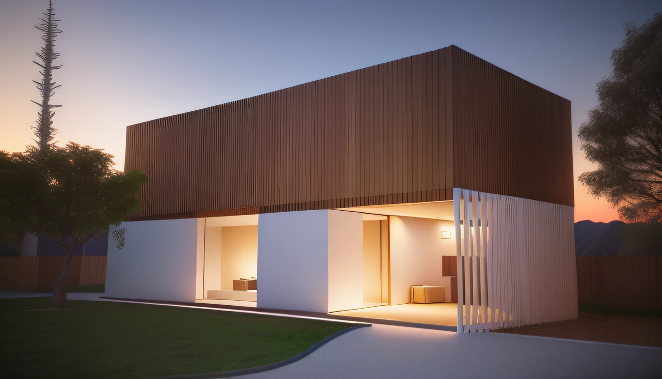 rendering of a house with a tree in front of it, Casa Conceito, vista frontal, tiro largo, Vista frontal, renderizar 3 d, 3 / 4 view, 3/4 view, conceptual rendering, with 3d render, with 3d render, digital render, 3/4 vista de baixo, renderizado, Modelo 3D renderizado, detail render