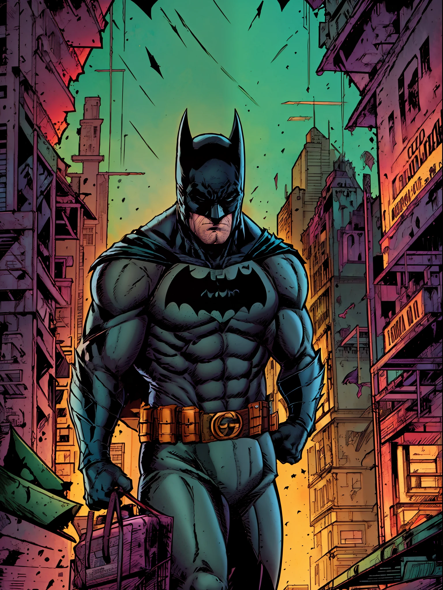 Batman confidently stands atop the towering buildings of Gotham City, displaying his unparalleled vigilante abilities. Gripping a mysterious gucci bags in his hands, he meticulously examines its contents.