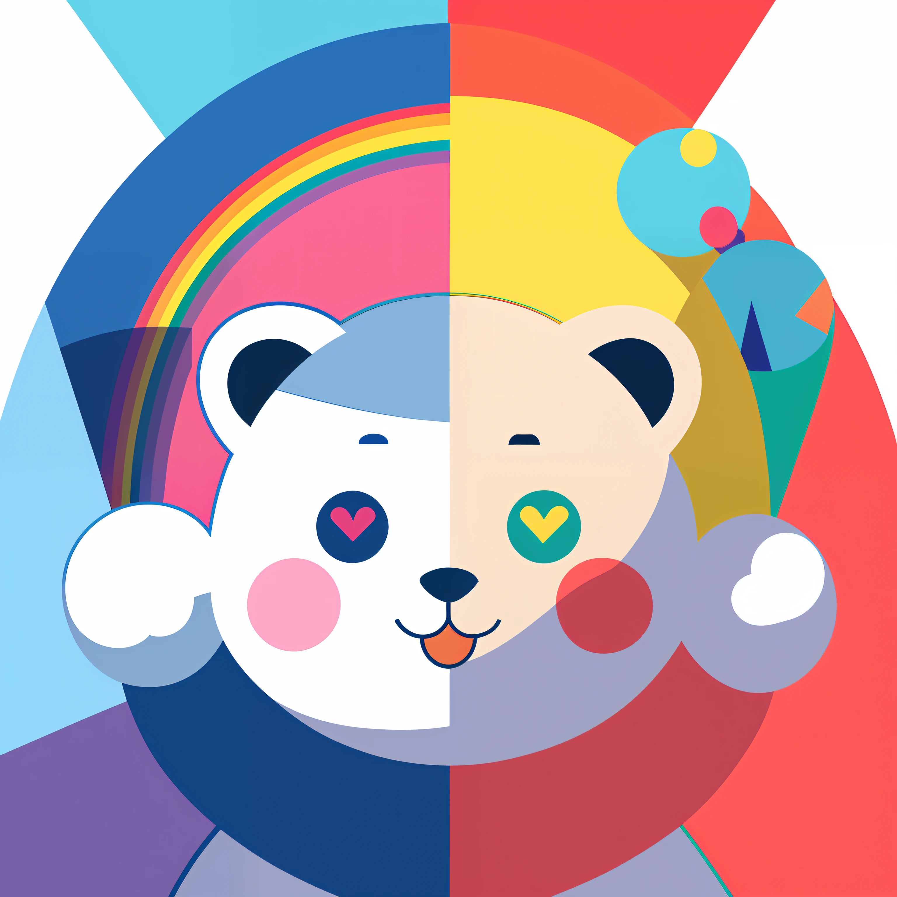a closeup、Flat illustration、Several chemical shapes、Colorful Rainbow 5、pop-art、white bear
