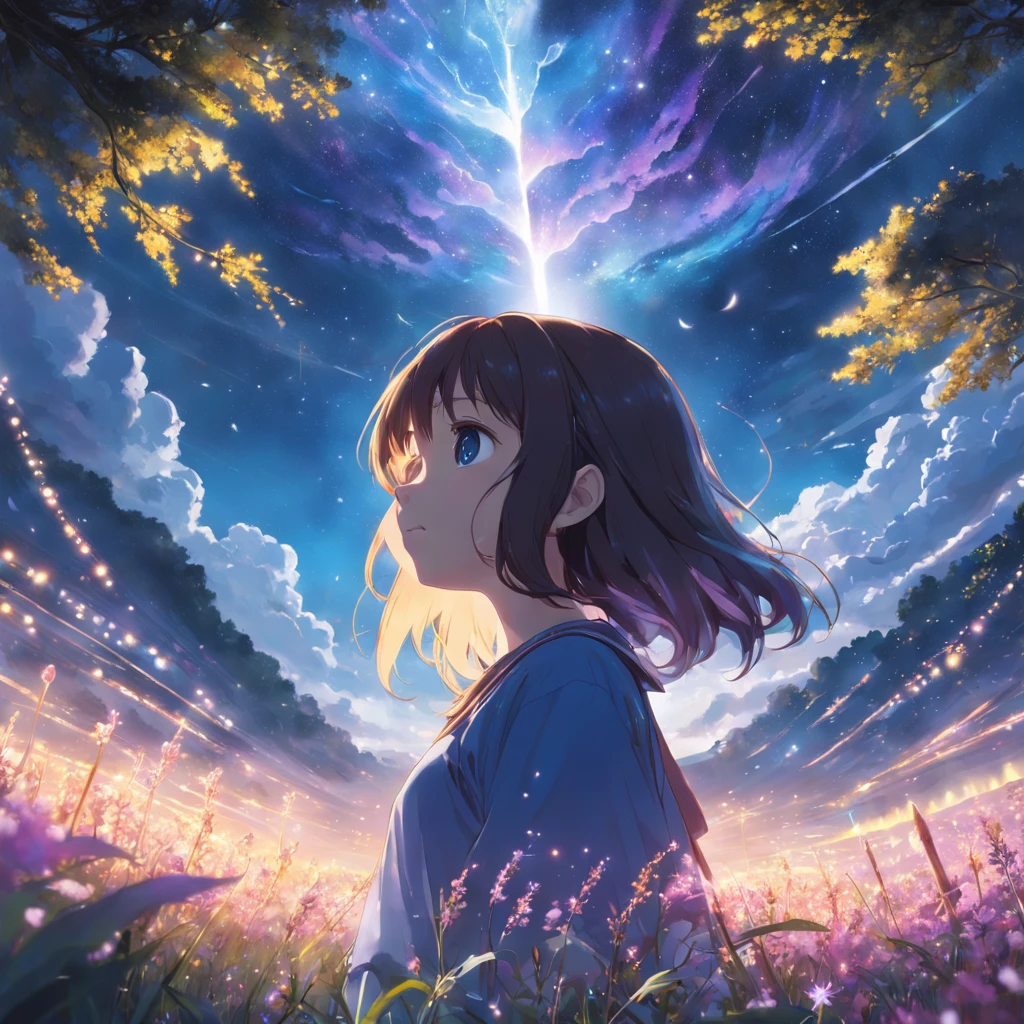 Makoto Shinkai, Expansive landscape photograph , (View from below,Displays the sky above and the clearing below), a girl standing on flower field looking up, (full moon:1.2), ( meteors:0.9), (Starcloud:1.3), Far Mountain, Tree BREAK Production Art, (Warm light source:1.2), (Firefly:1.2), lamp lights, Lots of purple and blue, Intricate details, Volumetric lighting BREAK (Masterpiece:1.2), (Best quality), 4K, Ultra-detailed, (Dynamic composition:1.4), Highly detailed, Colorful details,( Iridescent colors:1.2), (luminouslighting, Atmospheric lighting), Dreamy, magical, (Solo:1.2)