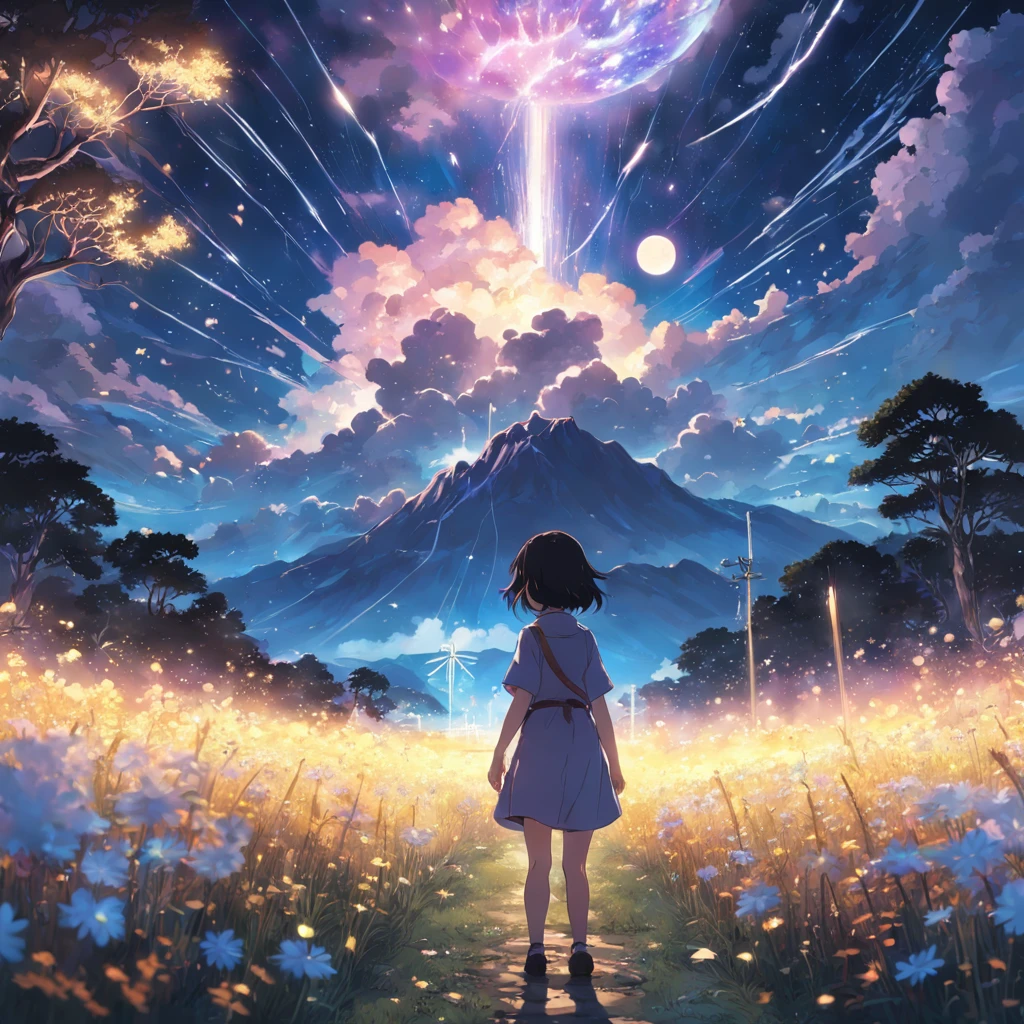 Makoto Shinkai, Expansive landscape photograph , (View from below,Displays the sky above and the clearing below), a girl standing on flower field looking up, (full moon:1.2), ( meteors:0.9), (Starcloud:1.3), Far Mountain, Tree BREAK Production Art, (Warm light source:1.2), (Firefly:1.2), lamp lights, Lots of purple and blue, Intricate details, Volumetric lighting BREAK (Masterpiece:1.2), (Best quality), 4K, Ultra-detailed, (Dynamic composition:1.4), Highly detailed, Colorful details,( Iridescent colors:1.2), (luminouslighting, Atmospheric lighting), Dreamy, magical, (Solo:1.2)