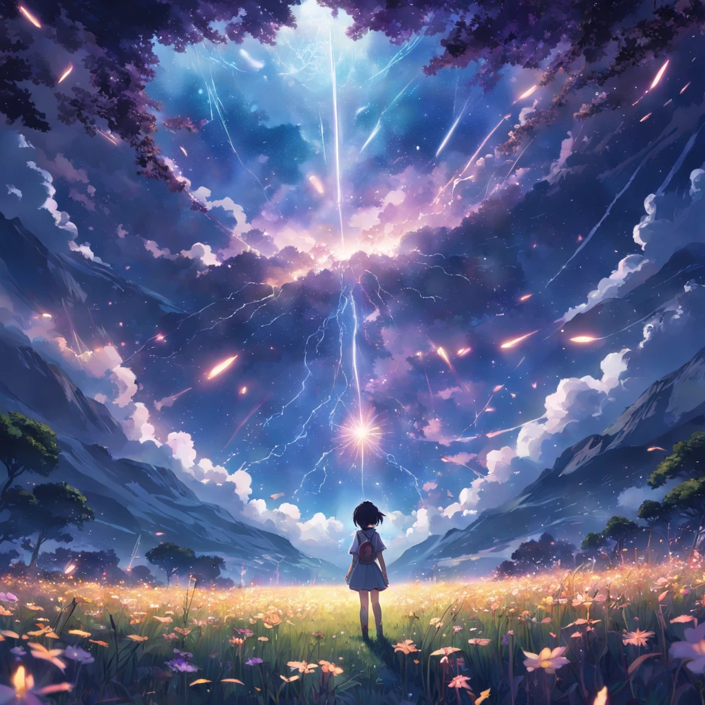 Makoto Shinkai, Expansive landscape photograph , (View from below,Displays the sky above and the clearing below), a girl standing on flower field looking up, (full moon:1.2), ( meteors:0.9), (Starcloud:1.3), Far Mountain, Tree BREAK Production Art, (Warm light source:1.2), (Firefly:1.2), lamp lights, Lots of purple and blue, Intricate details, Volumetric lighting BREAK (Masterpiece:1.2), (Best quality), 4K, Ultra-detailed, (Dynamic composition:1.4), Highly detailed, Colorful details,( Iridescent colors:1.2), (luminouslighting, Atmospheric lighting), Dreamy, magical, (Solo:1.2)