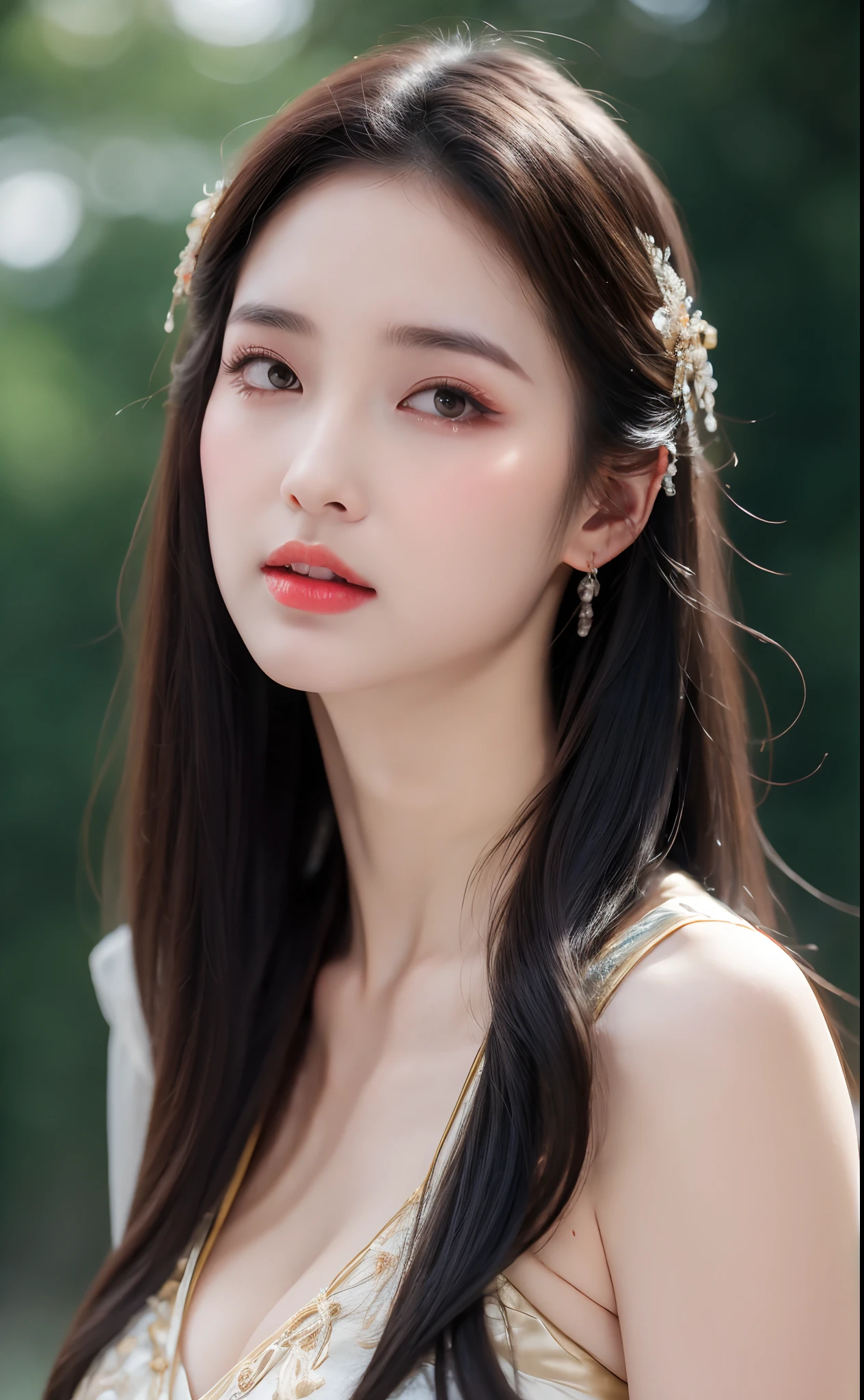 ((Best Quality, 8k, Masterpiece: 1.3)), Focus: 1.2, Perfect Body Beauty: 1.4, Buttocks: 1.2, ((Layered Haircut)), (Wet Clothes: 1.1), (Rain, Street:1.3), (Breasts: 1.2), (Hanfu: 1.2), Bare Shoulders, Bare Legs, Highly Detailed Face and Skin Texture, Fine Eyes, Double Eyelids, Whitened Skin, Long Hair, (Shut Up: 1.5), (Bokeh Background: 1.5), Big Breasts