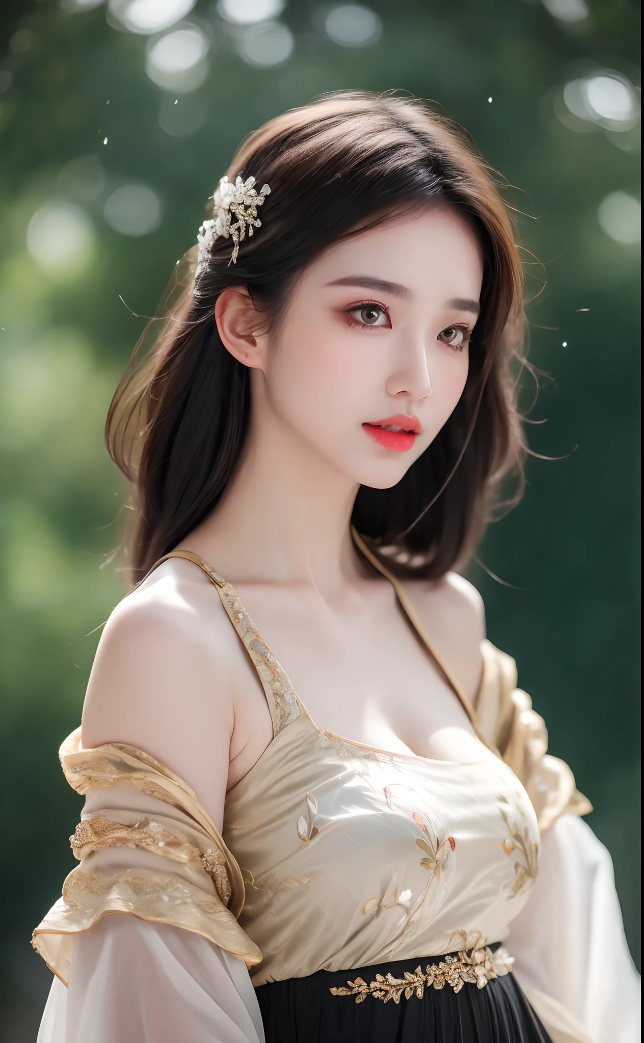 black hair, hair bobbles, wince, longeyelashes, solid circle eyes, light smile, ear blush, fang, Surrealism, drop shadow, anaglyph, stereogram, tachi-e, pov, atmospheric perspective, 8k, super detail, ccurate, best quality,Fine details, Surreal photos,
A girl,long black hair,Gorgeously dressed,Dress nobly,noble robe,noble,embroidery,Woven gold,Yellow and white Hanfu,,Expose bare shoulders,Smooth shoulders,
old Chinese building,Ancient Chinese palaces,Ancient Chinese Royal Palace,Chinese Palace, v-6