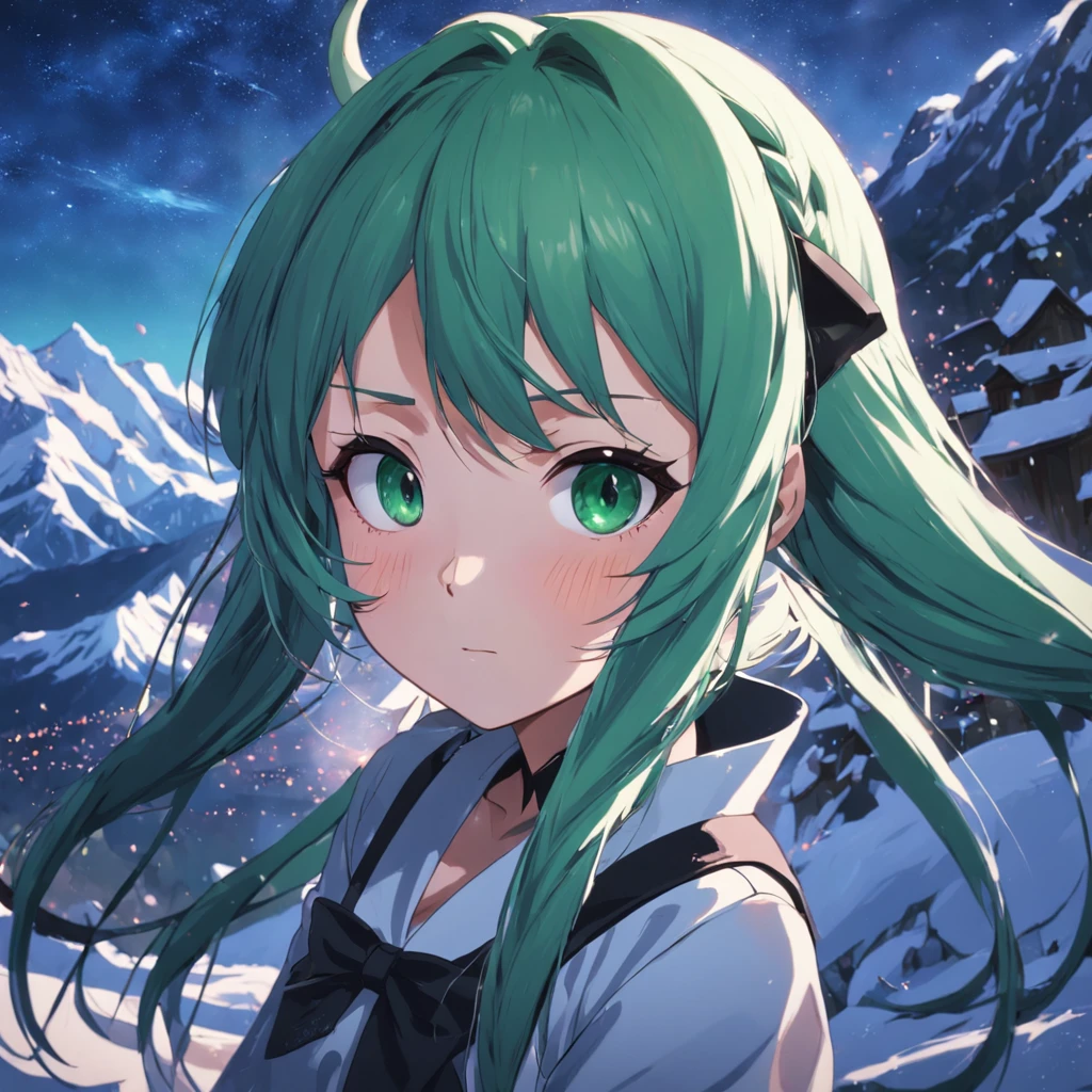 Make it an anime,(nmasterpiece,top Quority,top-quality,offcial art,Beauty and aesthetics:1.2),ighly detailed,best detailed,(Snowy mountains in the background:1.5),(One girl),Has a small,(Green hair,only thick braids,,,,,:1.7),(Shining eyes),(Enchanted),(Black Maid Outfit),lighting on the face