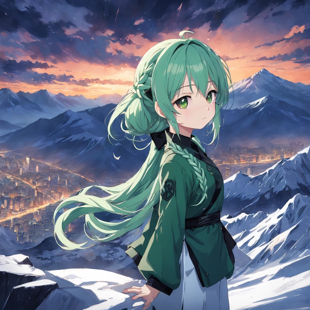 Make it an anime，（nmasterpiece，top Quority，top-quality，offcial art，Beauty and aesthetics：1.2），ighly detailed，best detailed，（Snowy mountains in the background：1.5）,(One girl），Has a small，（Green hair，only thick braids,,,,,:1.7），（Shining eyes），(Enchanted)，（Black Maid Outfit）,lighting on the face