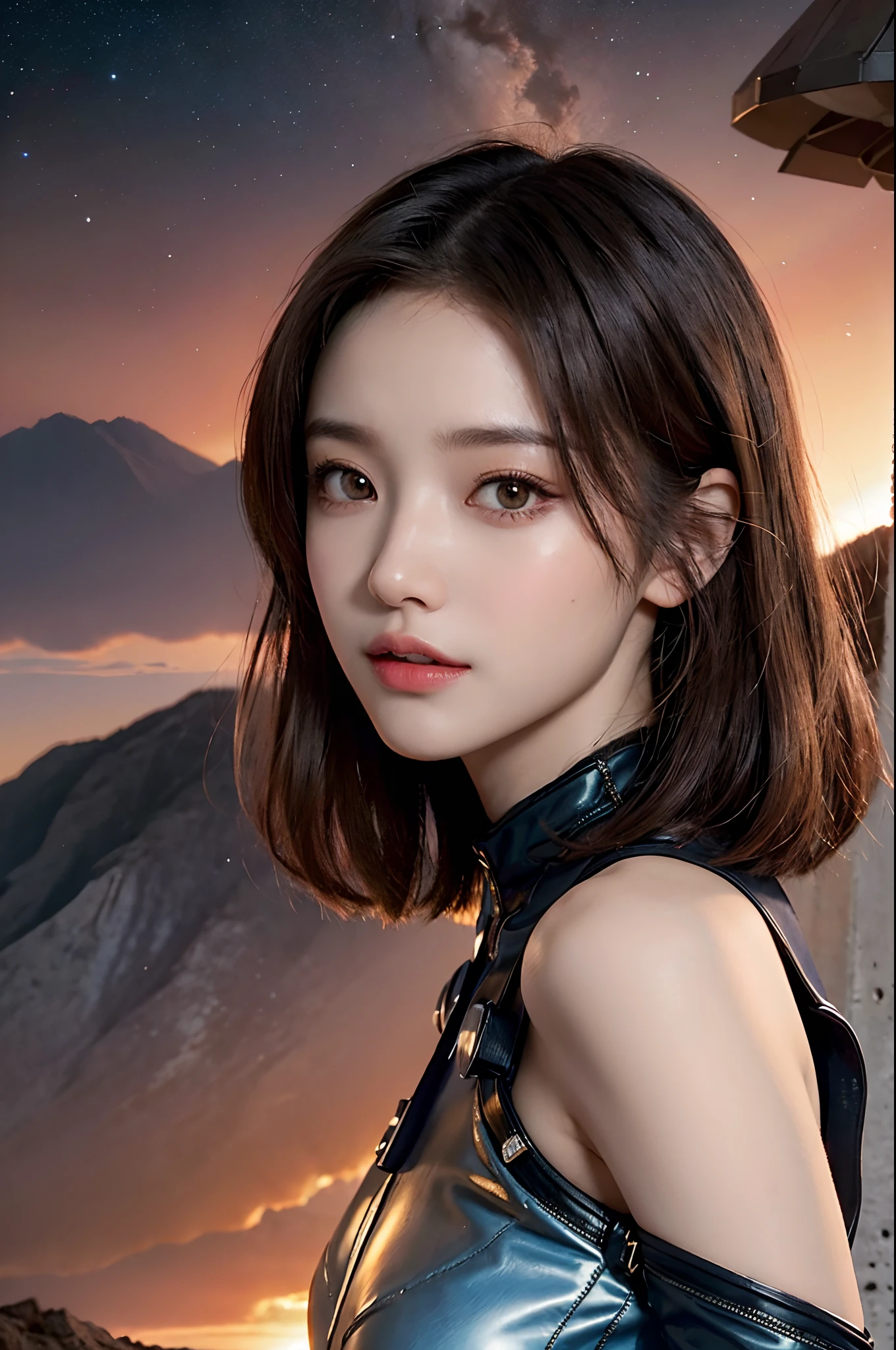 top-quality、masterpiece、超A high resolution、(realisitic:1.4)、Beautiful adult 1 woman、Beautiful detail eyes and skin、ssmile、Light brown short-cut hair、Petite bust、The perfect spacesuit、spaceships、Desolate and mysterious planet、Red sky、UFOs flying in the sky、in isekai、