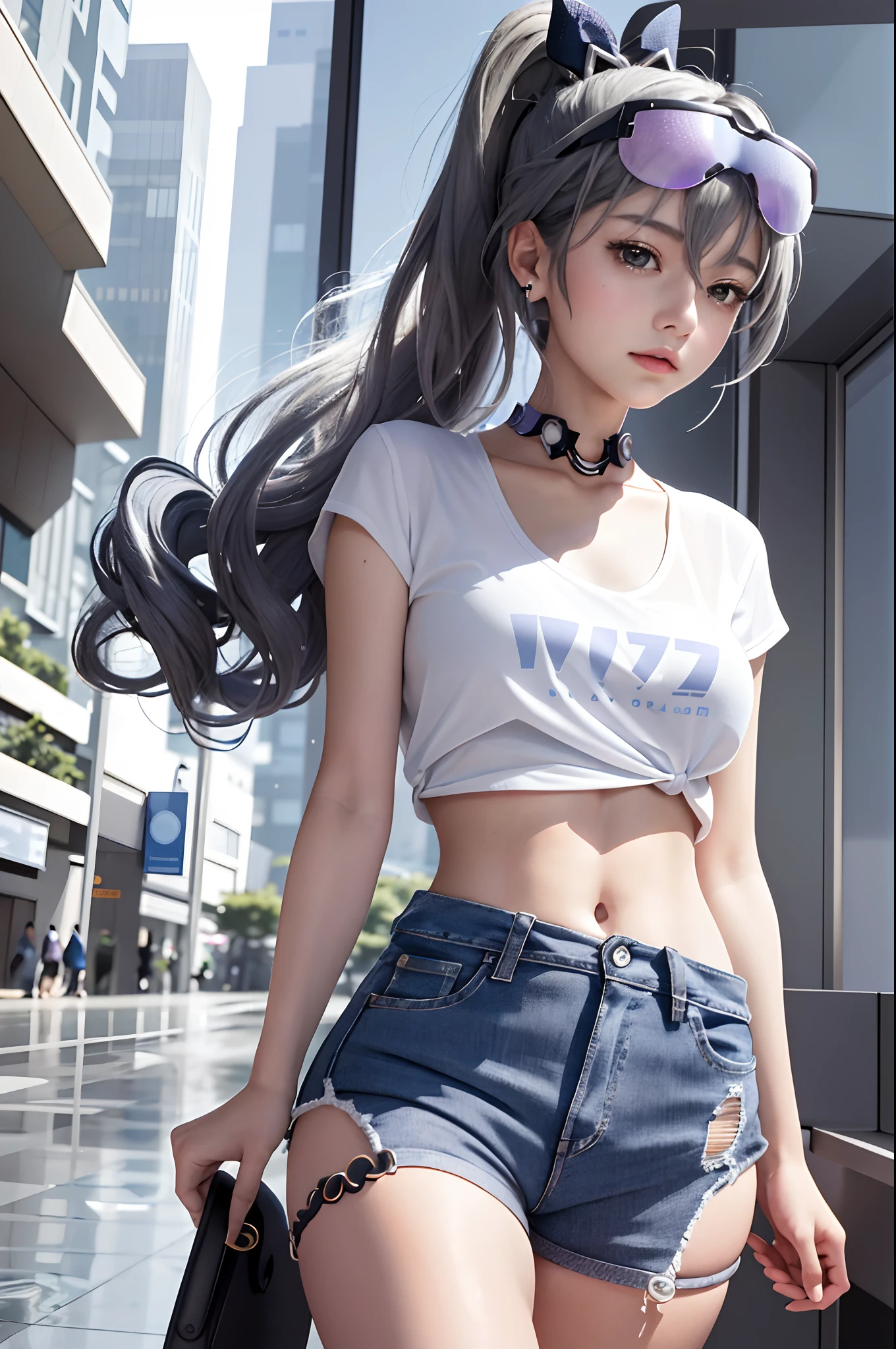 Exquisite masterpiece, best quality, illustration style, an anime girl with a curly ponytail, beautiful eyes, summer, white short-sleeved hem blown by the wind, jeans, blue-purple gradient goggles, small, heartwarming, youthful and beautiful, heroic and sassy, black and white matching, gray hair, showing a natural casual style. The dynamic posture contains the golden section, large aperture portrait, white space, strong contrast between light and shadow, super texture, super clear and concise picture, presenting extremely beautiful, elegant temperament, delicate facial expressions, city background, rainy days, road area water reflection
