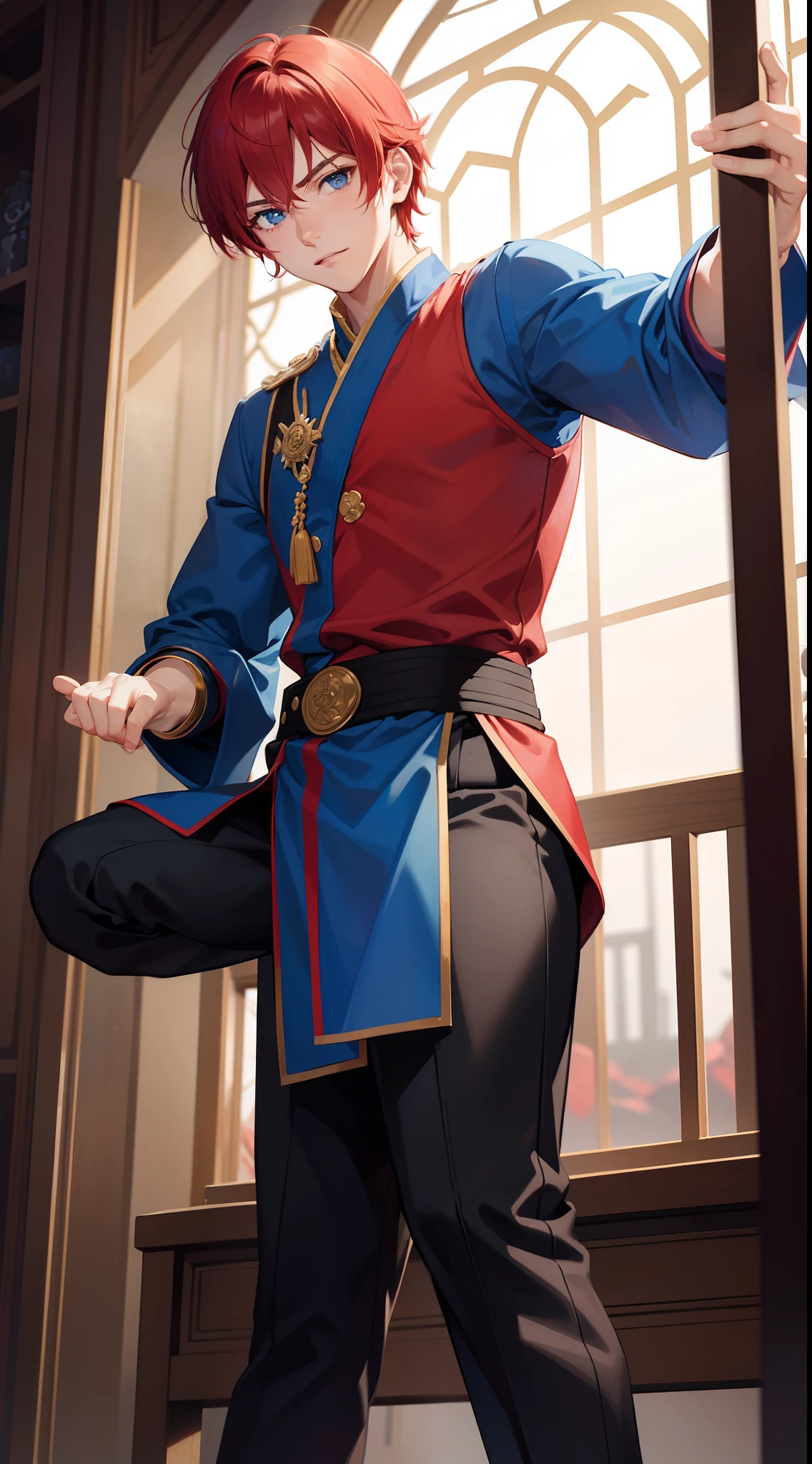 Young guy, short red hair, blue eyes, prince, martial arts, Masterpiece, hiquality