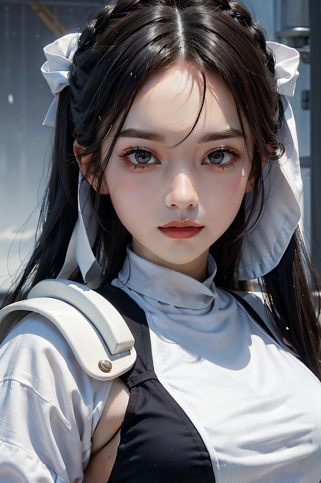 Kizi, an Quority, top-quality, big breasts beautiful, prette, The sheen,On warships, tmasterpiece,white naval uniform, Long black hair,The eyes are sharp and affectionate,Brush your teeth heroically,A sweet smile,Fighting posture,(((guns,full armour:1.8))),white colors,(((Square face,detail in face:1.2))),(obi strip:1.6))