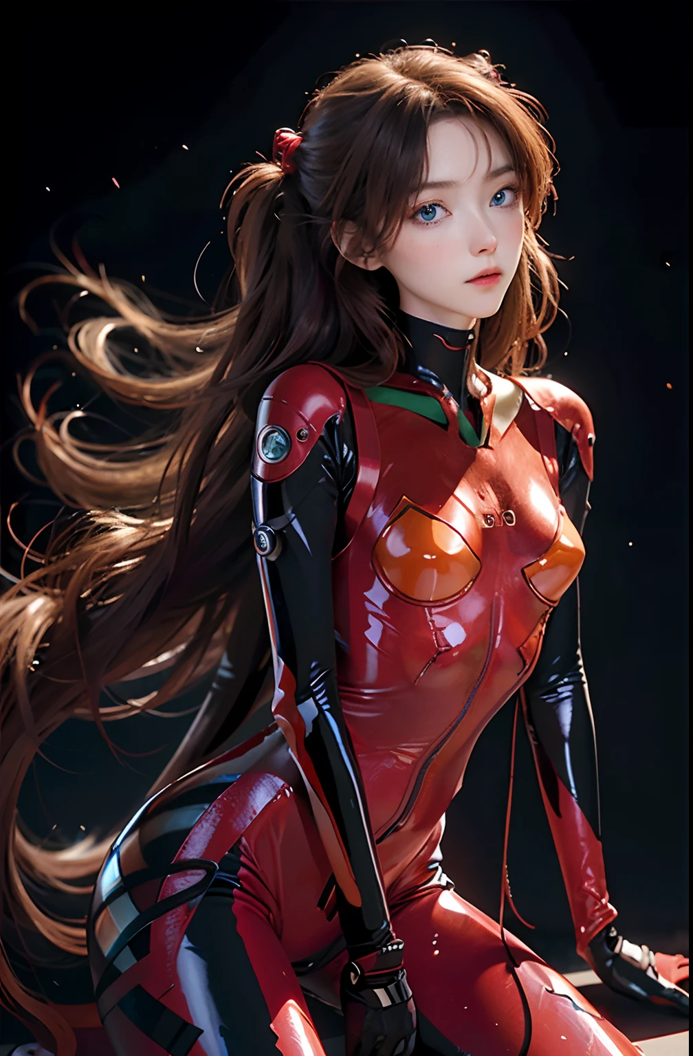 (Real)))) photore, ((full bodyesbian:1.1)), Best quality, 1 woman, Long legs, hyperdetailed face, Detailed lips, Detailed eyes, Double eyelids, Beautiful face, Beautiful eyes, Blue eyes, (red leotard, Red latex), (Glossy), Delicate clothing wrinkles, (((Carmelto))), (erected , double tails, Thin waist,(nedium breasts)、huge tit, Best quality, Pale skin, Su-Liu Aska Langle, Plug Suit 02, see through, Black background, (Face and eye details:1.1), self-righteousness, Blush, ((Shy)), Very delicate and beautiful girl, Perfect anatomy,Pose, (TO8 contrast style),