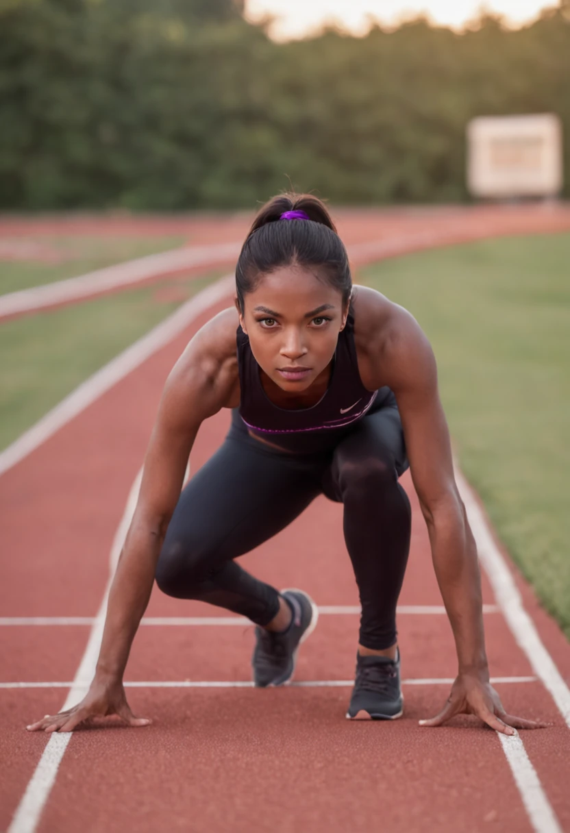 woman in a black top and purple leggings crouching on a track, dramatic intense lighting, fotografia, at night, athlete photography, athletic and strong, athletic body, intimidating woman, focused shot, on a racetrack, focused photo, woman, sprinting, 1 0 0 meter in the distance, night time, at night time, during the night