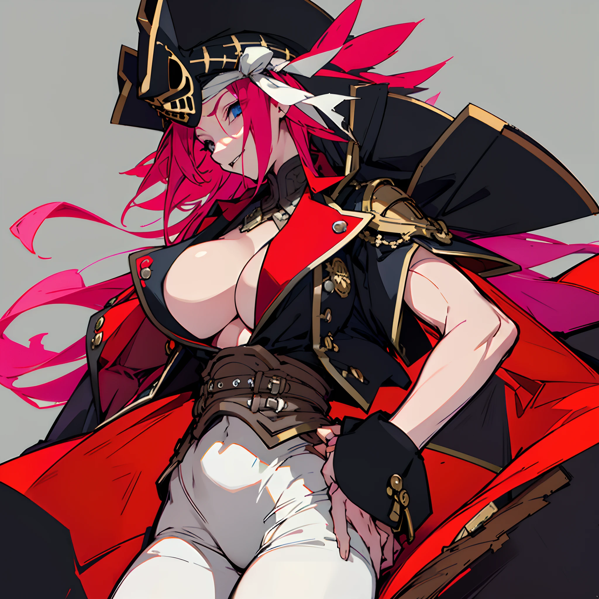 (top-quality), (​masterpiece), (hight resolution), (8K), (Extreme Detail), (beautiful detail), (Detailed face), fdstg1,Pink hair、The long-haired、blue eyess、Black Pirate Hat((Raking up your hair、One hand is on his hip)), (Vicious look、Vulgar smile), suggestive pose、Realistic fantasy rendering, Realistic anime girl rendering,  (Colossal tits 、thin-waist、Big buttocks) popular in CGSTATION, 4K,highlight in eyes、red tide