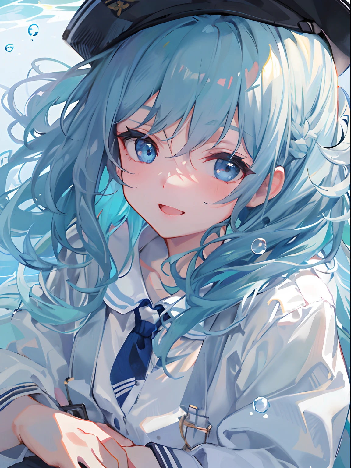 ((top-quality)), ((​masterpiece)), ((ultra-detailliert)), (extremely delicate and beautiful), girl with, 独奏, cold attitude,((Black jacket)),She is very(relax)with  the(Settled down)Looks,A dark-haired, depth of fields,evil smile,Bubble, under the water, Air bubble,bright light blue eyes,Inner color with light blue hair and dark blue tips,Cold background,Bob Hair - Linear Art, shortpants、knee high socks、White uniform like school uniform、Light blue ribbon ties、Clothes are sheer、Hands in pockets