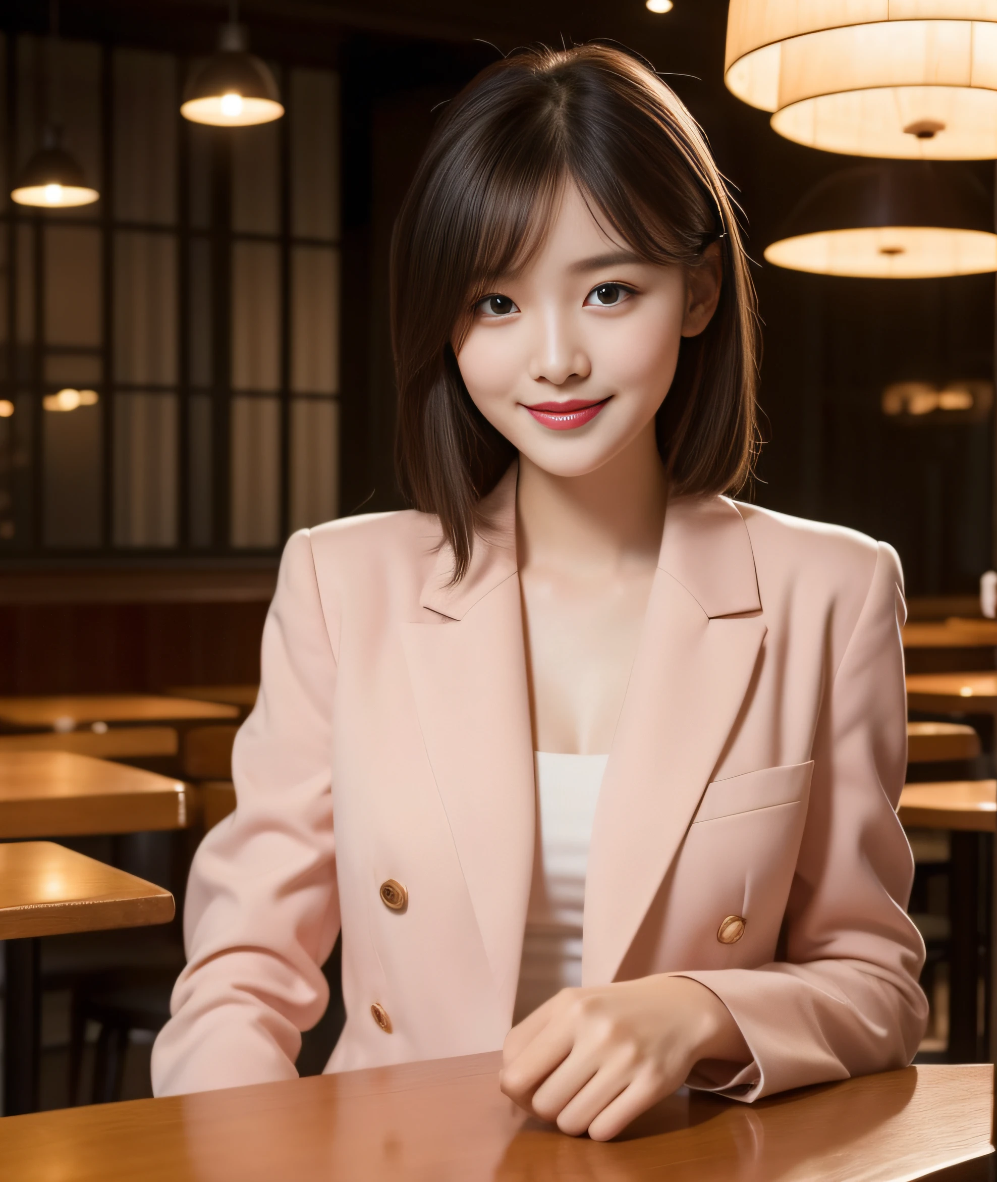 ((best quality, 8K, masterpiece: 1.3)), beautiful girl, pure, melon face, kind and cute, sweet smile, pure desire, slender body, (front), (tilted head), ((looking at camera) ), wearing a pink suit, black silky medium hair, long flowing shoulders, round black big eyes, clear big eyes, moist red lips, sweet, sitting in a cafe, cafe background , (((whole body))),