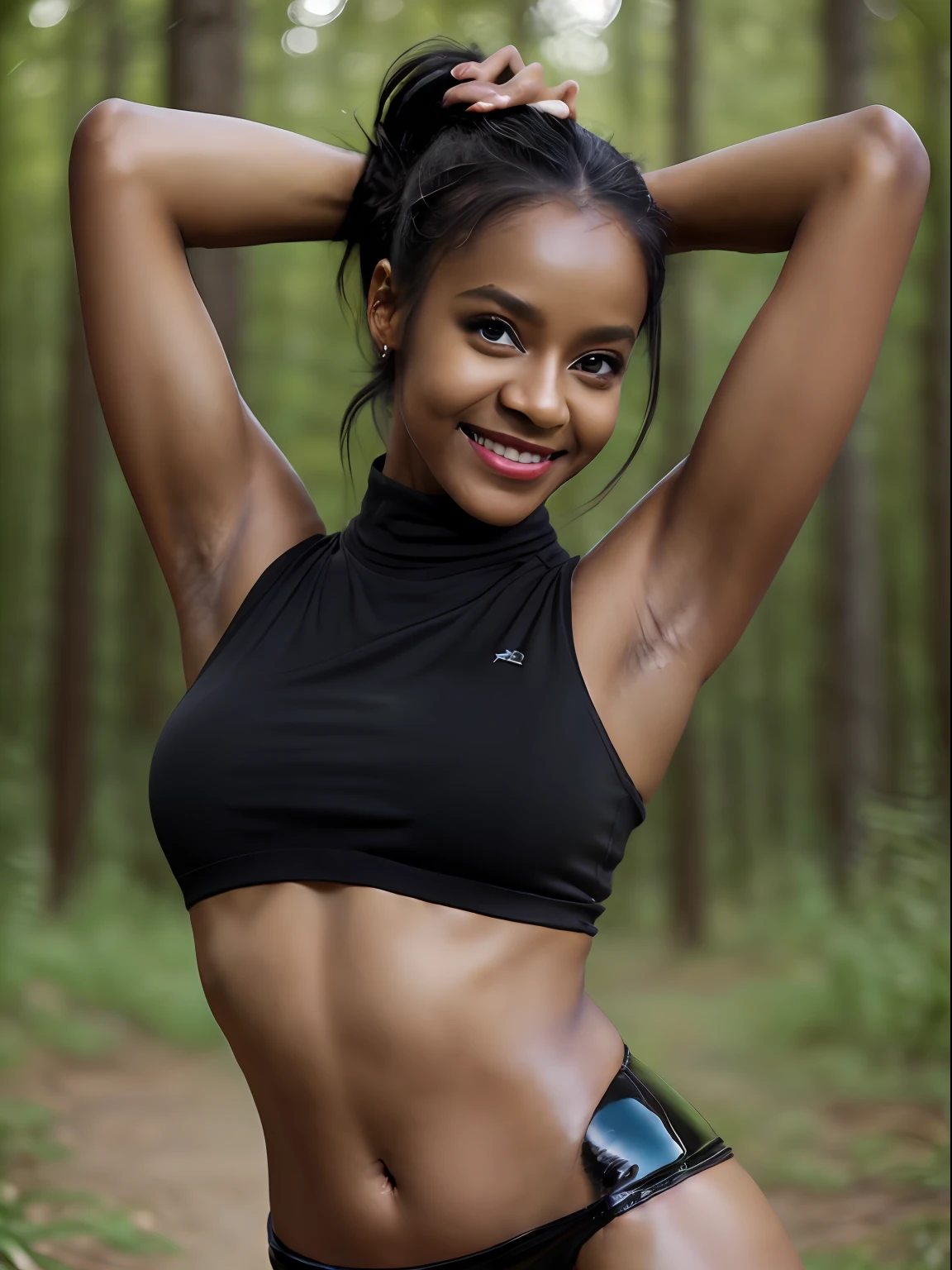 ((Much darker skin than in the photo、maximally black skin、Black armpits))、((darkest skin、The skin is maximally black,、Armpit、Black shiny skin、Damp black skin、shiny blackest skin!、 Black armpits、Pitch black skin like a black man!Wet shiny armpits、Pitch black armpit skin!、-yeld mo、Realistic armpit wrinkles、Glossy armpits that look like they were oiled、improve the appearance of armpits、Upper body only、Armpit、Pitch black armpits、Standing in the forest and posing with armpits visible、Detailed black shiny armpits、Realistic black shiny armpits、Detailed skin texture、Detailed underarm wrinkles、Realistic armpit wrinkles、Black detailed black armpits、Very black skin color、Caucasian and half-very dark-skinned woman、Black skin beauty、Black skin、Glossy armpits、Black sleeveless sweater with turtleneck、Stand in the woods and show your armpits、Sleeveless turtleneck sweater black skin woman, Smiling))、(high-ponytail Hairstyle、Caucasian and very black dark-skinned woman、8K、Caucasians with very dark skin),standing in the forest、Sleeveless turtleneck sweater、Black panties、, 14years、Wen with the darkest skin))、Photorealistic perfect body、Armpit pose is standing normally、closeup picture, Best Quality, Armpits, Arms up, White bra、 at a forest、high-ponytail Hairstyle、Realistic, 8K、Glossy armpits、