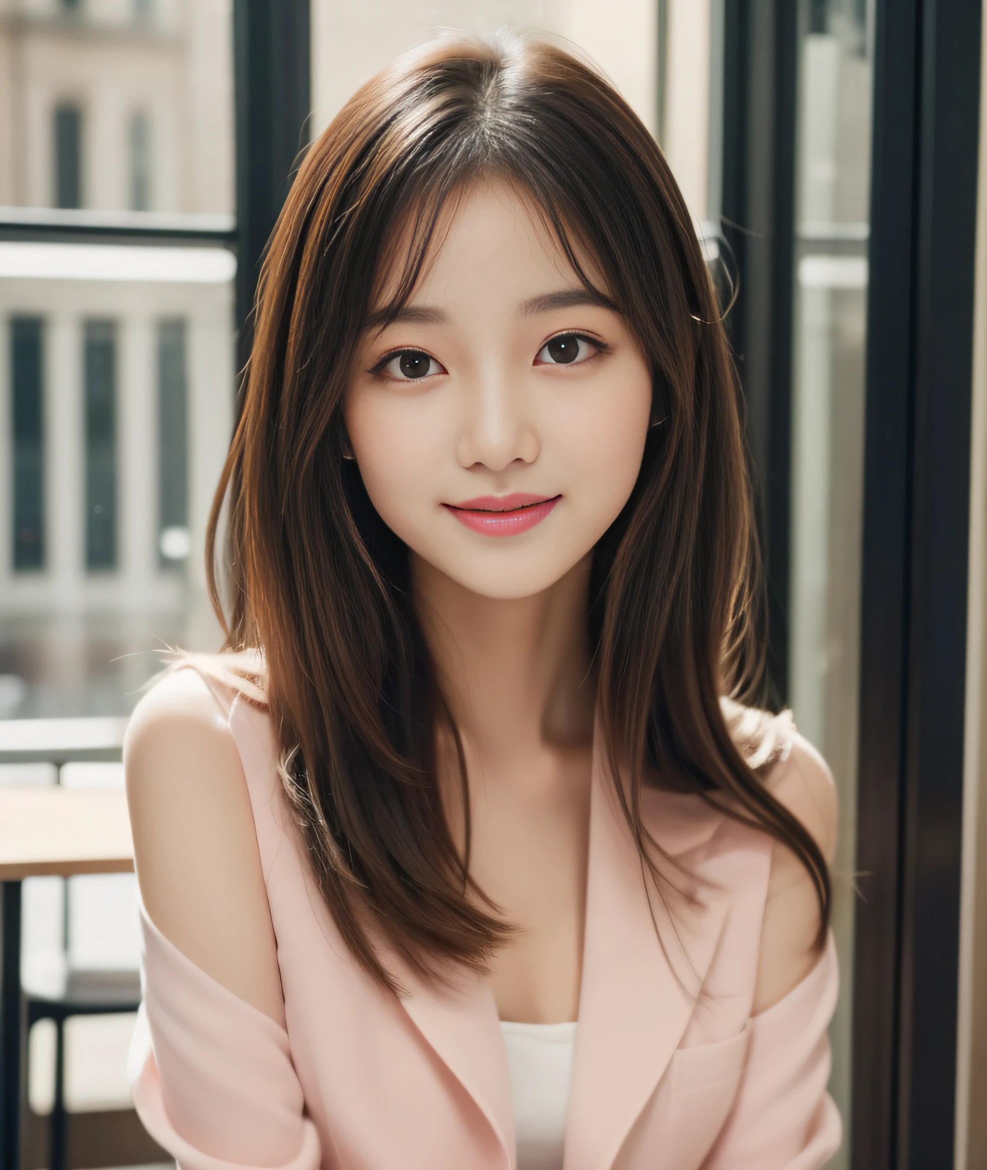 ((best quality, 8K, masterpiece: 1.3)), beautiful girl, pure, melon face, kind and cute, sweet smile, pure desire, slender body, (front), (tilted head), ((looking at camera) ), wearing a pink suit, black silky medium hair, long flowing shoulders, round black big eyes, clear big eyes, moist red lips, sweet, sitting in a cafe, cafe background , (((whole body))),