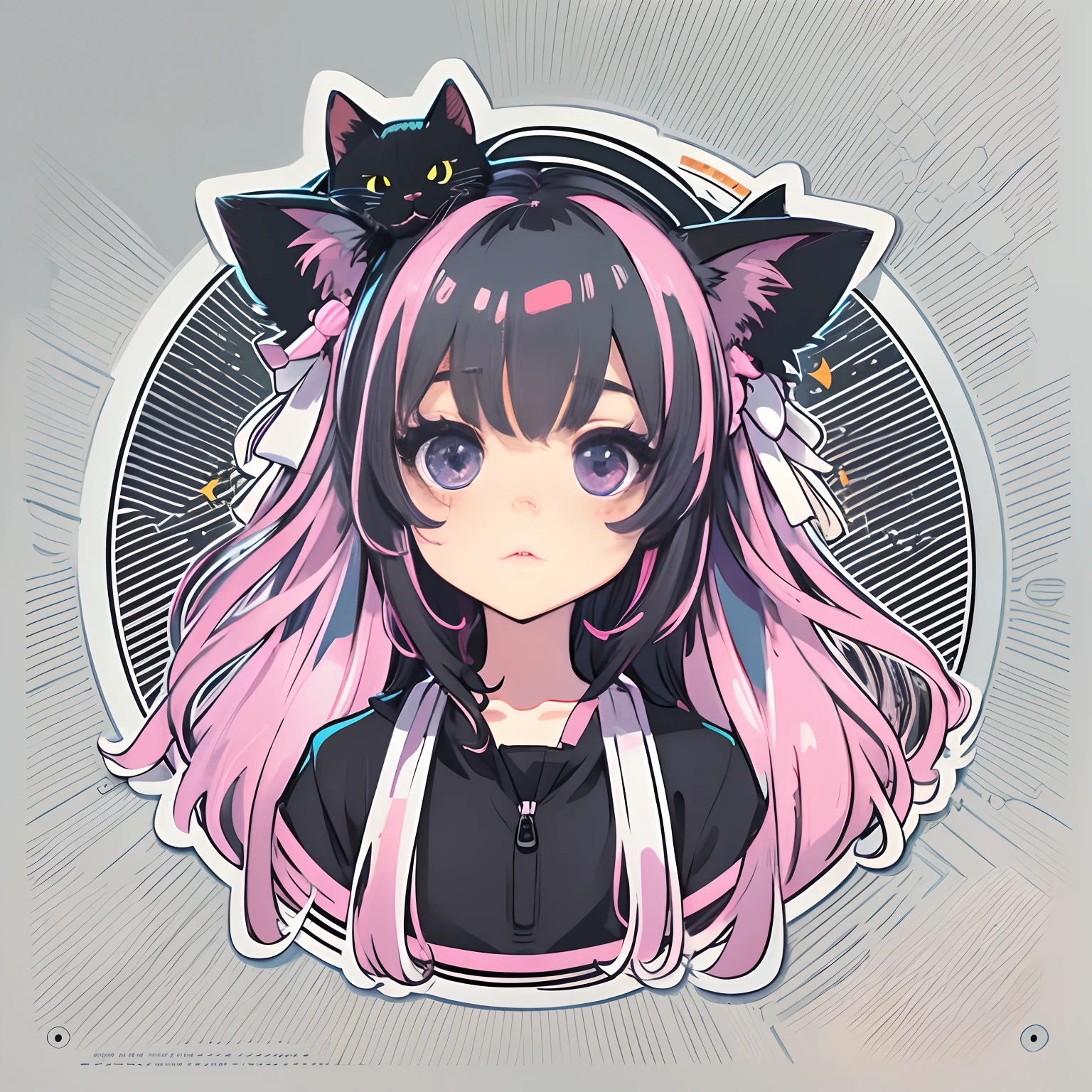 Sticker, Cute anime girl head, Long black hair style,Deep purple eyes,Black cat ears, cute clothing,in circle, White background, Bright pink, Simple, Ultra detailed, Detailed drawing, vectorised, Silhouette, 8K, professional sticker design, Flat design, Vector lines, Sticker, Drawing, Drawing, Full-HD