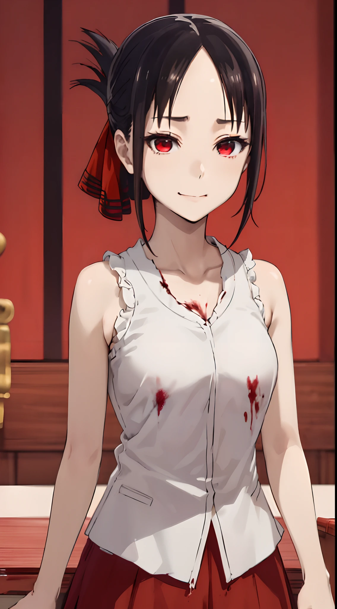 best quality, (masterpiece:1.2), detailed,
shinomiya kaguya,
1girl, solo, closed mouth, light smile,
black hair, red eyes, short hair, folded ponytail, hair ribbon, no sleeve, red ribbon,
standing, looking at the viewer, medium breasts,((upper body)), ((((blood, evil, cruel girl, dominant))))